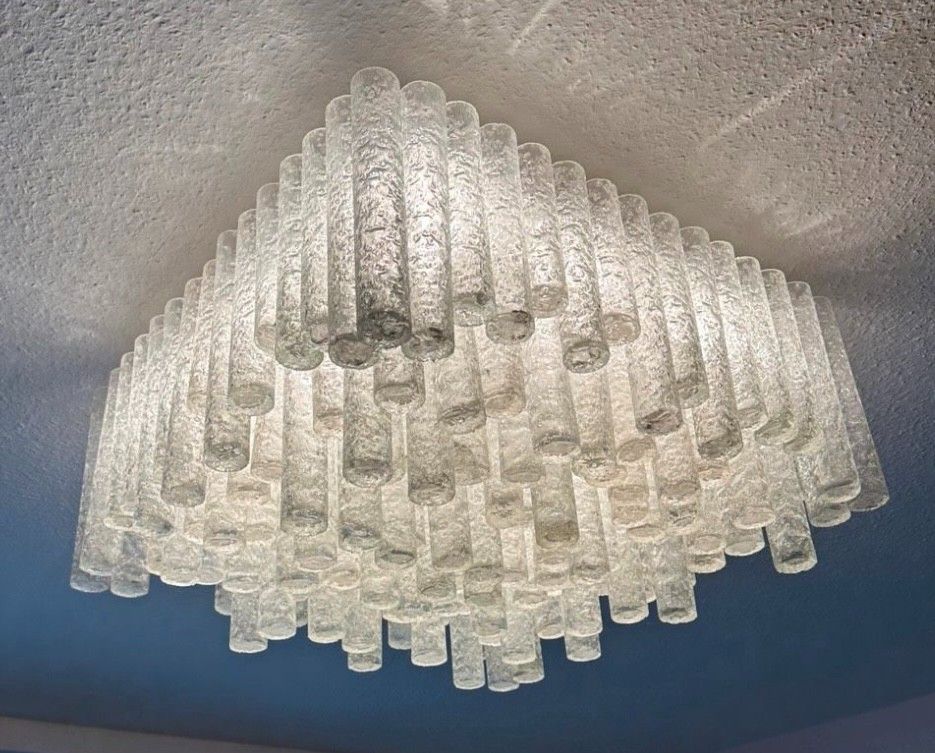 60s 70s Chandelier Ceiling Light By Doria Leuchten Germany Ice Glass photo for sale