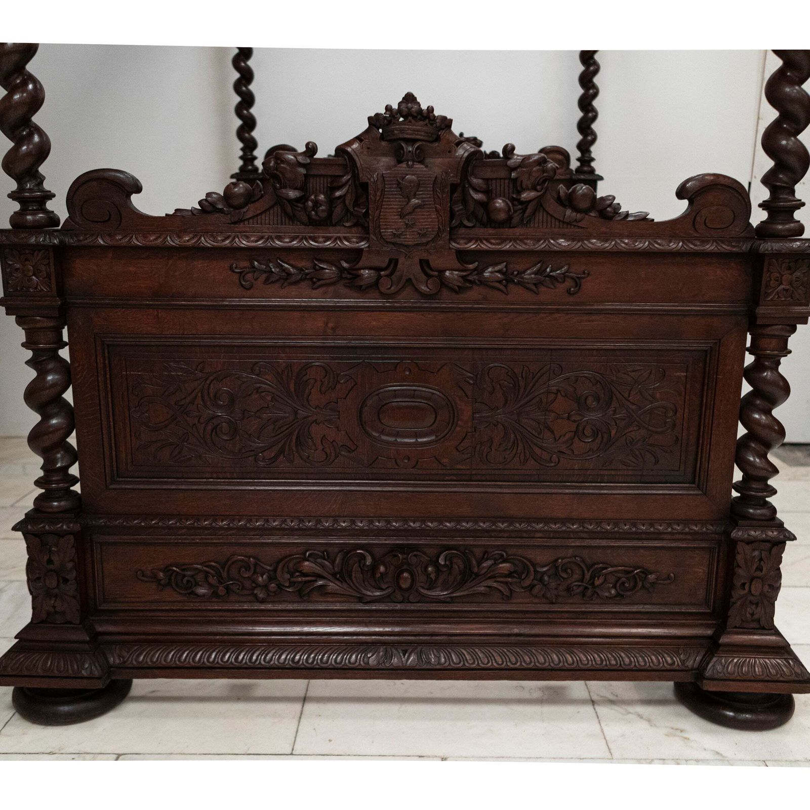 Antique Heavily Carved Continental Four Posted Bed | European Double photo vintage