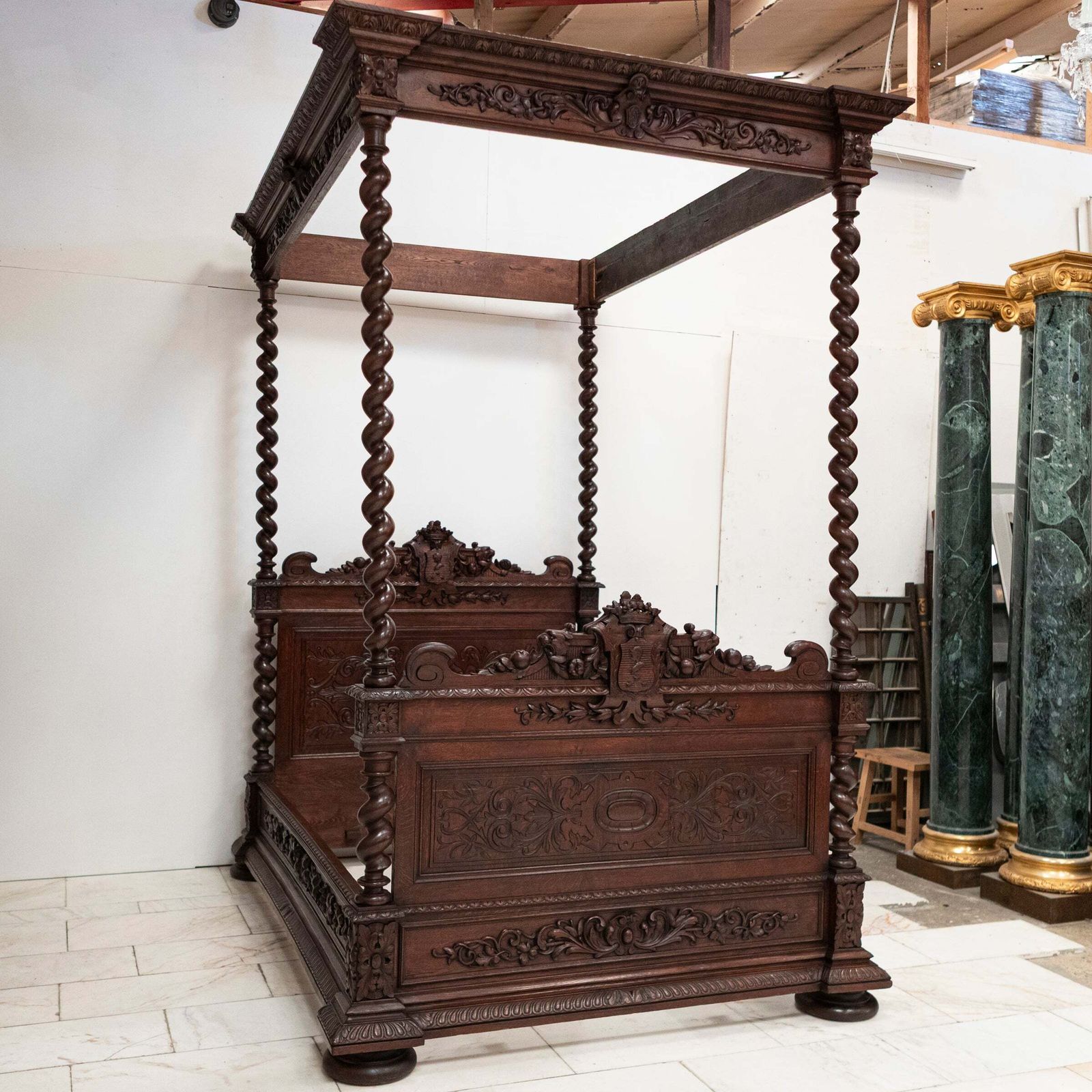 photo for sale Antique Heavily Carved Continental Four Posted Bed | European Double