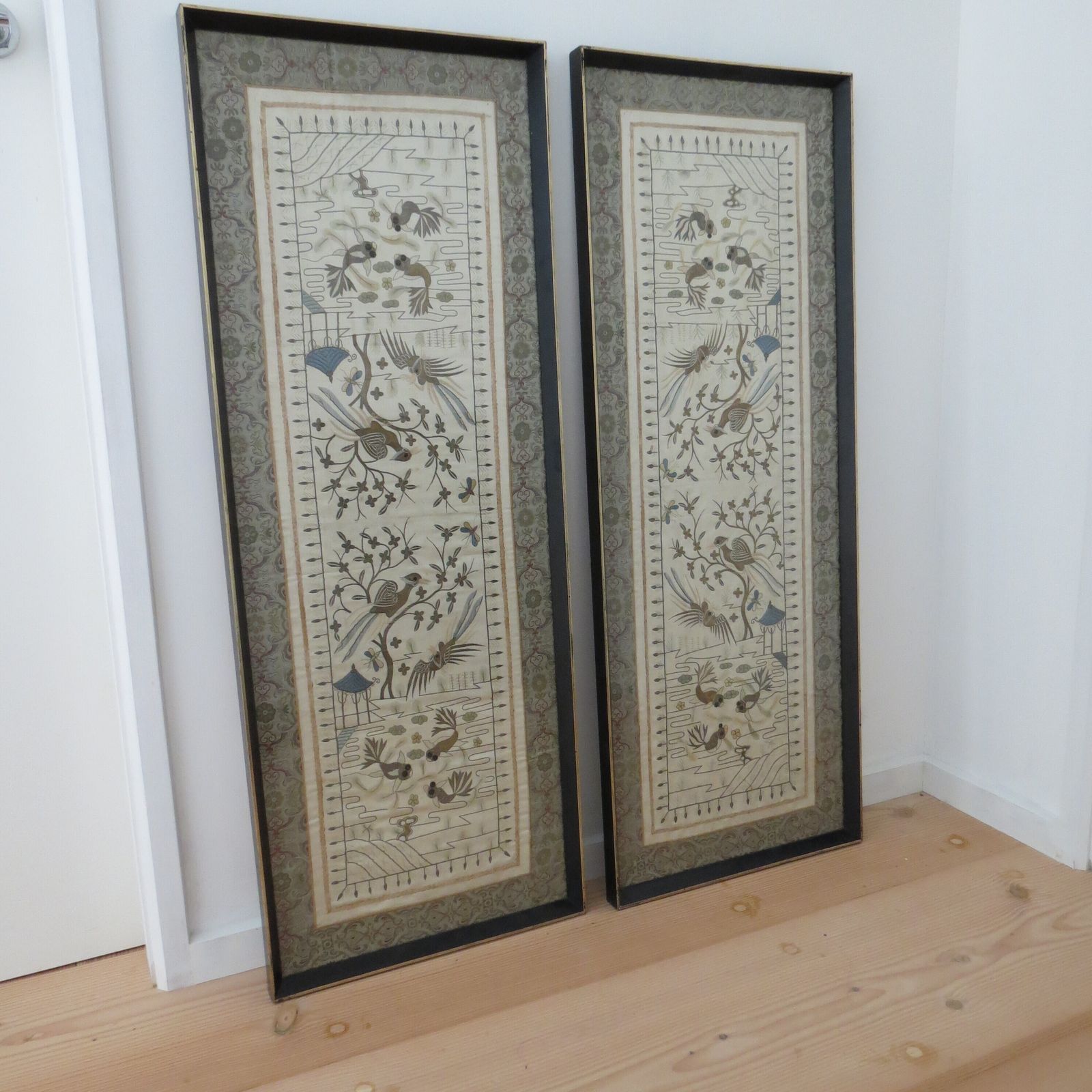 Pair Of Antique Chinese Silk And Metallic Thread Tapestries 1900 Koi Carp photo Art