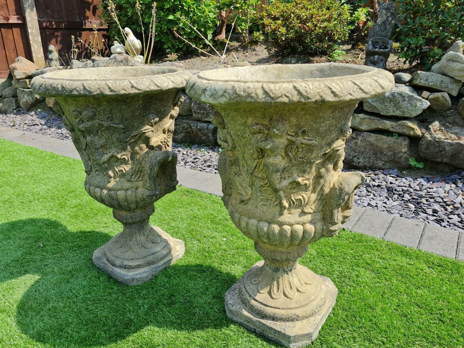 Pair Vintage Greek Urns Deep Planters English Stone ( Delivery Available Via Our Specialist Sister Courier Company) photo Garden Decor