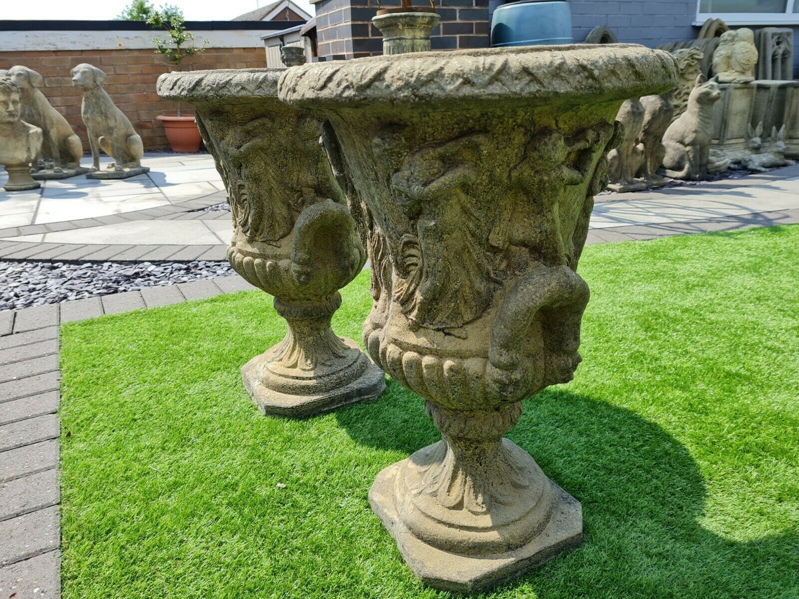 Pair Vintage Greek Urns Deep Planters English Stone ( Delivery Available Via Our Specialist Sister Courier Company) photo buy