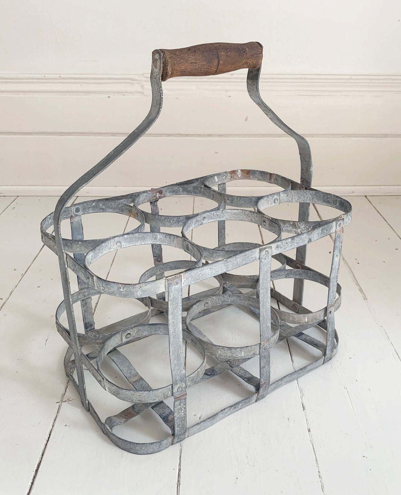 Antique French Galvanised Metal Milk / Wine Bottle Holder   Holds Six Bottles