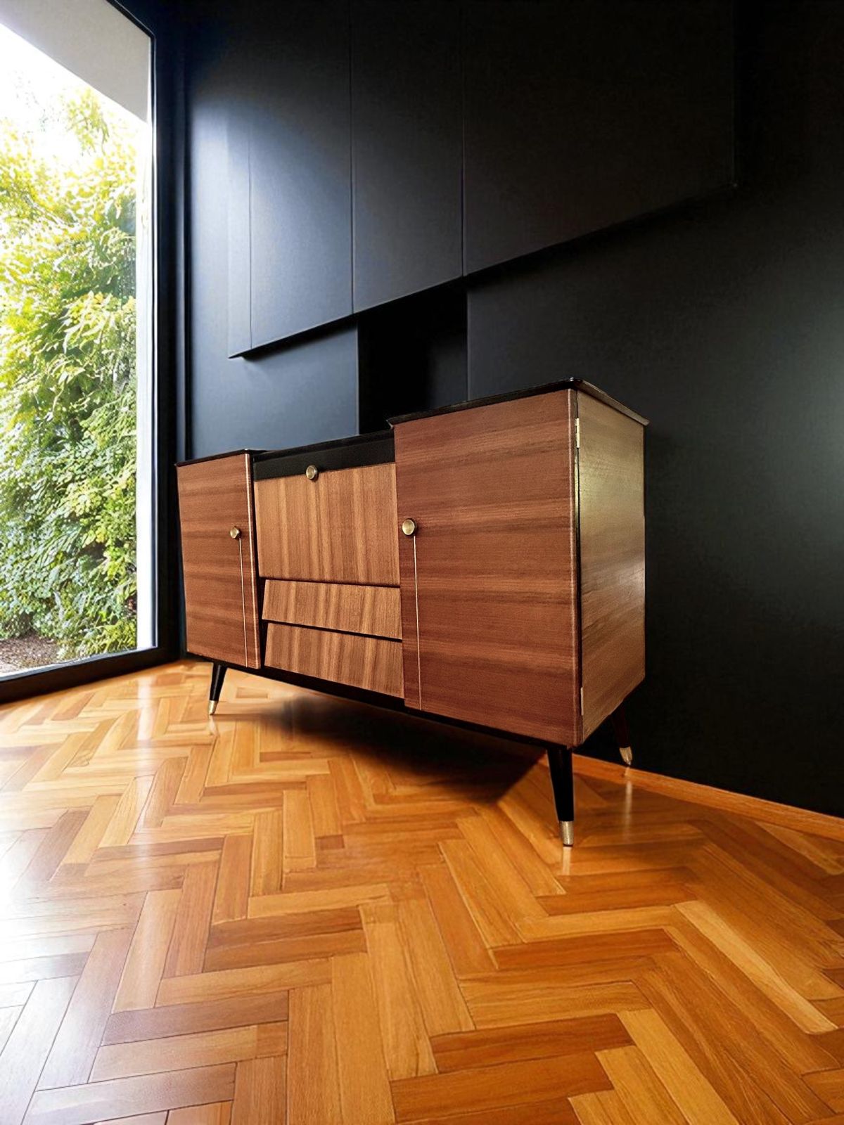 Mid Century Beautility Cocktail Cabinet.  Professionally Refurbished, Handpainted Accents.