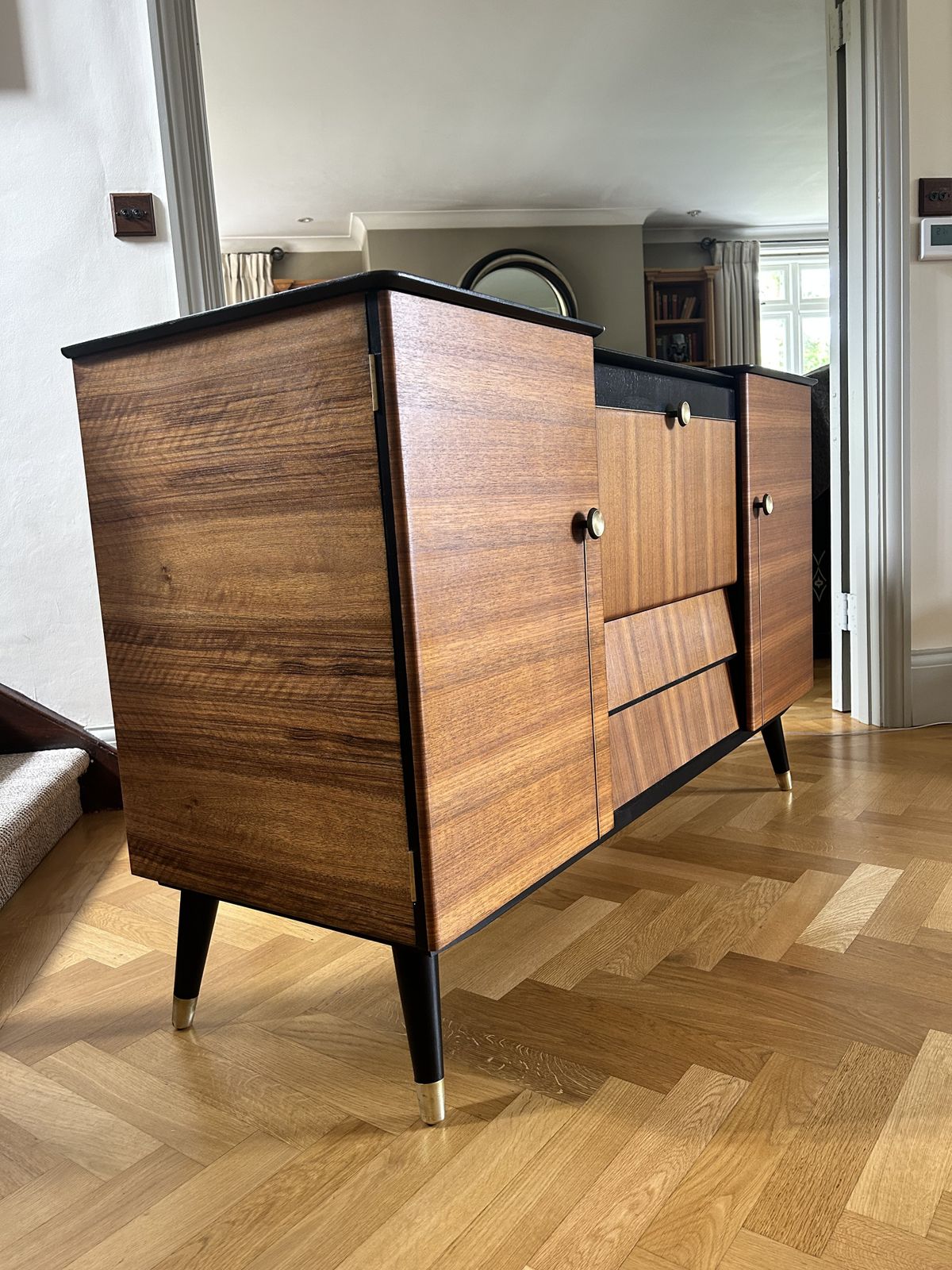 Furniture Mid Century Beautility Cocktail Cabinet.  Professionally Refurbished, Handpainted Accents. photo
