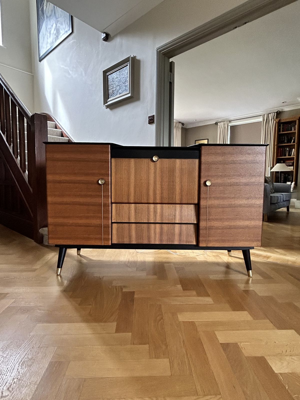 photo vinterior Mid Century Beautility Cocktail Cabinet.  Professionally Refurbished, Handpainted Accents.