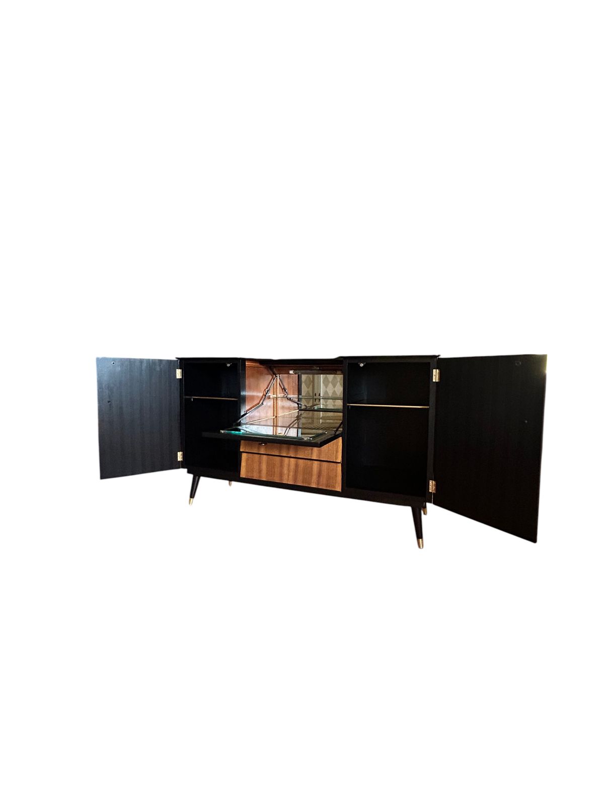photo vintage Mid Century Beautility Cocktail Cabinet.  Professionally Refurbished, Handpainted Accents.