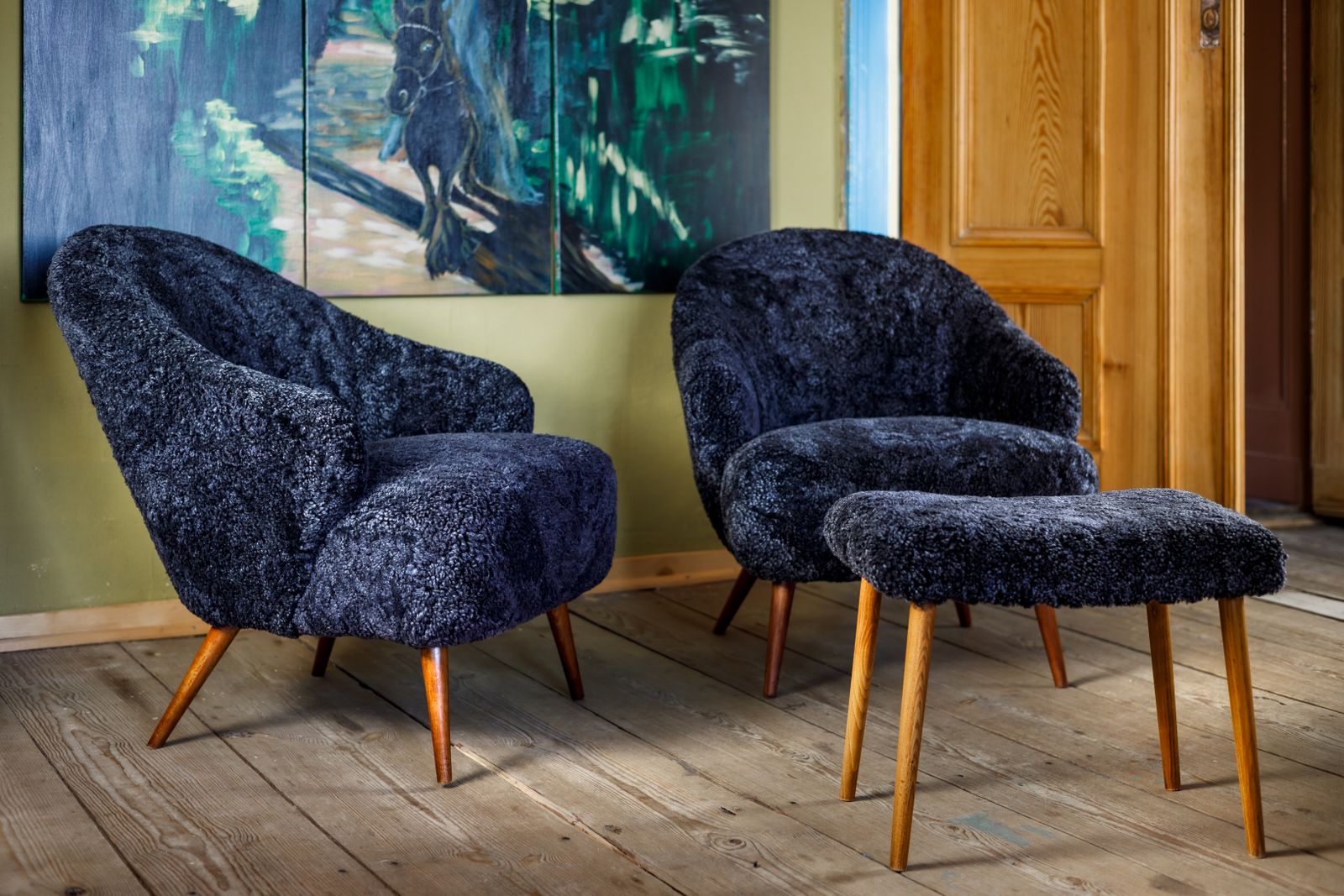 Graphite Shearling Upholstered Italian Set Of Two Club Chairs And Taburet