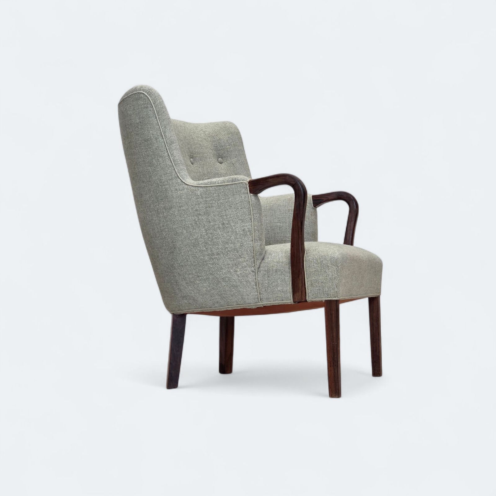 1960s, Danish Armchair, Original Light Grey Furniture Wool, Solid Teak Wood.