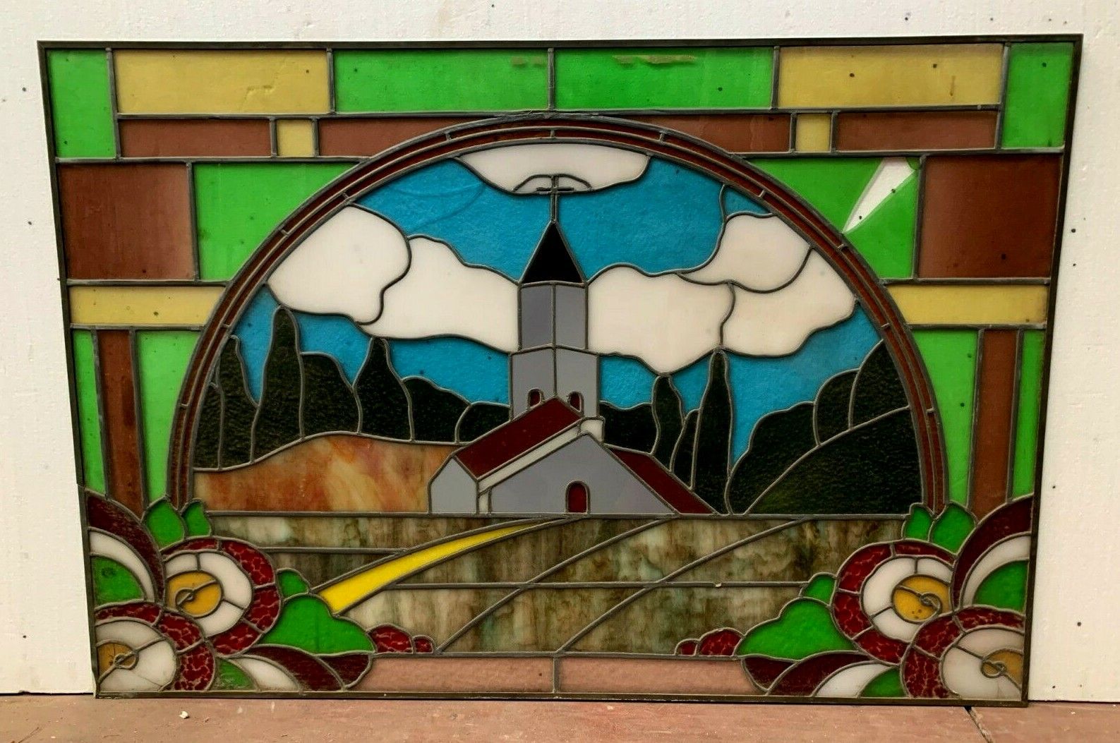 Art Deco Stained Glass Window Decorated With A Church Bell Tower 20th Century photo furniture
