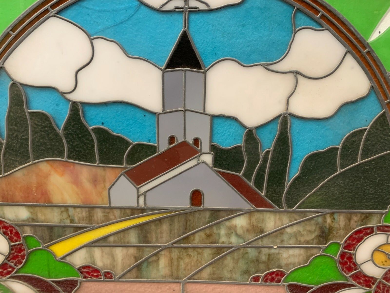 Art Deco Stained Glass Window Decorated With A Church Bell Tower 20th Century photo for sale