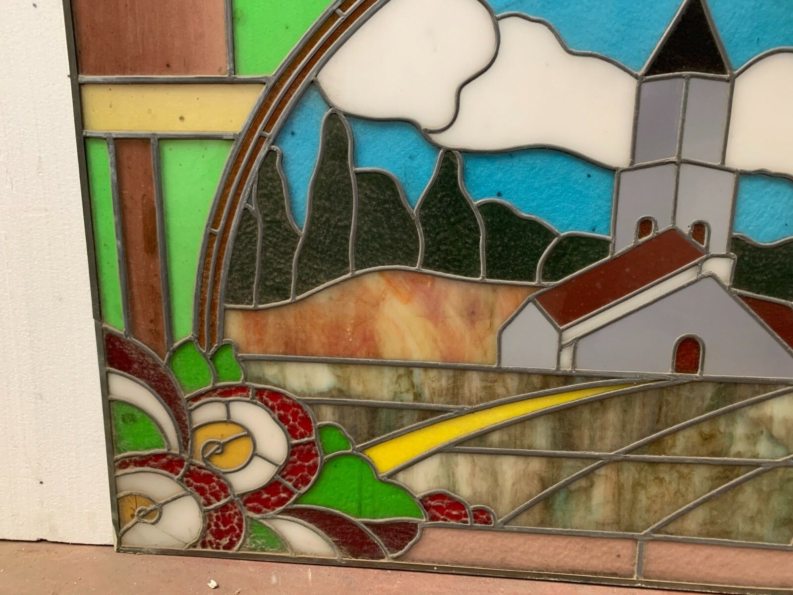 Art Deco Stained Glass Window Decorated With A Church Bell Tower 20th Century photo 1044.23