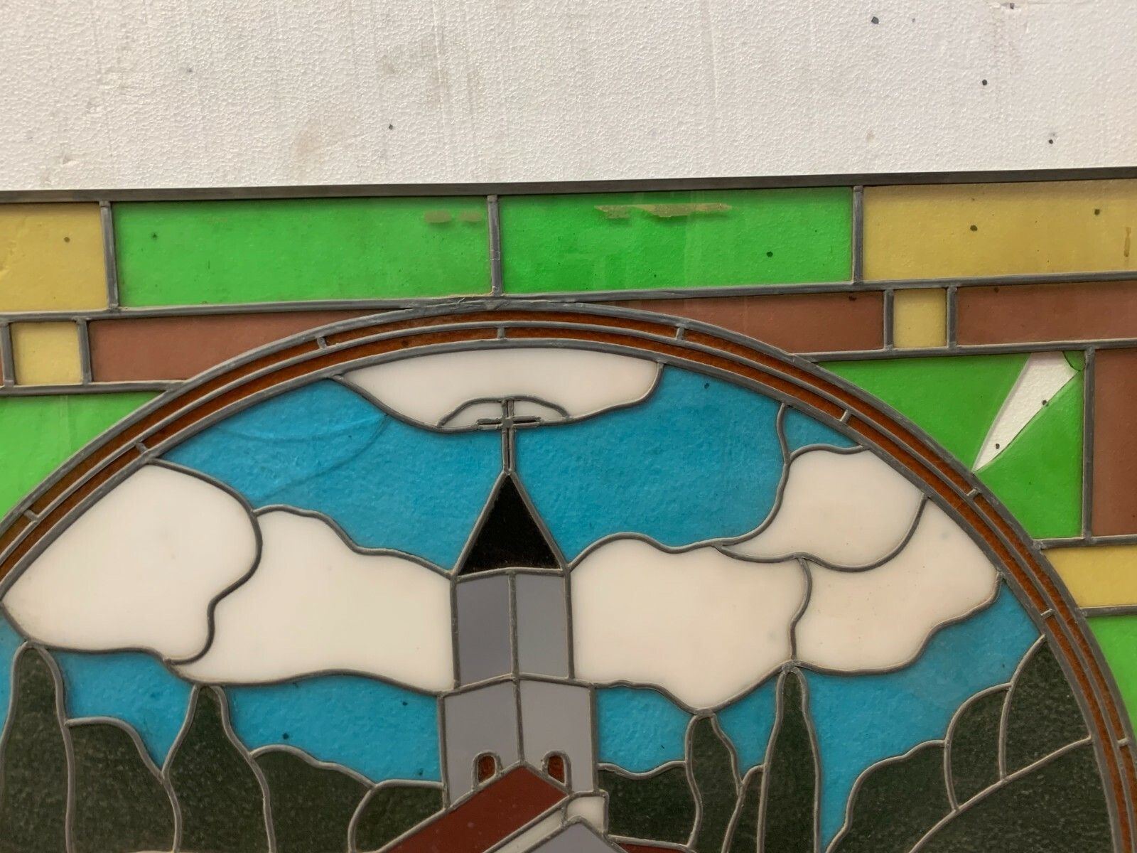 Art Deco Stained Glass Window Decorated With A Church Bell Tower 20th Century photo buy