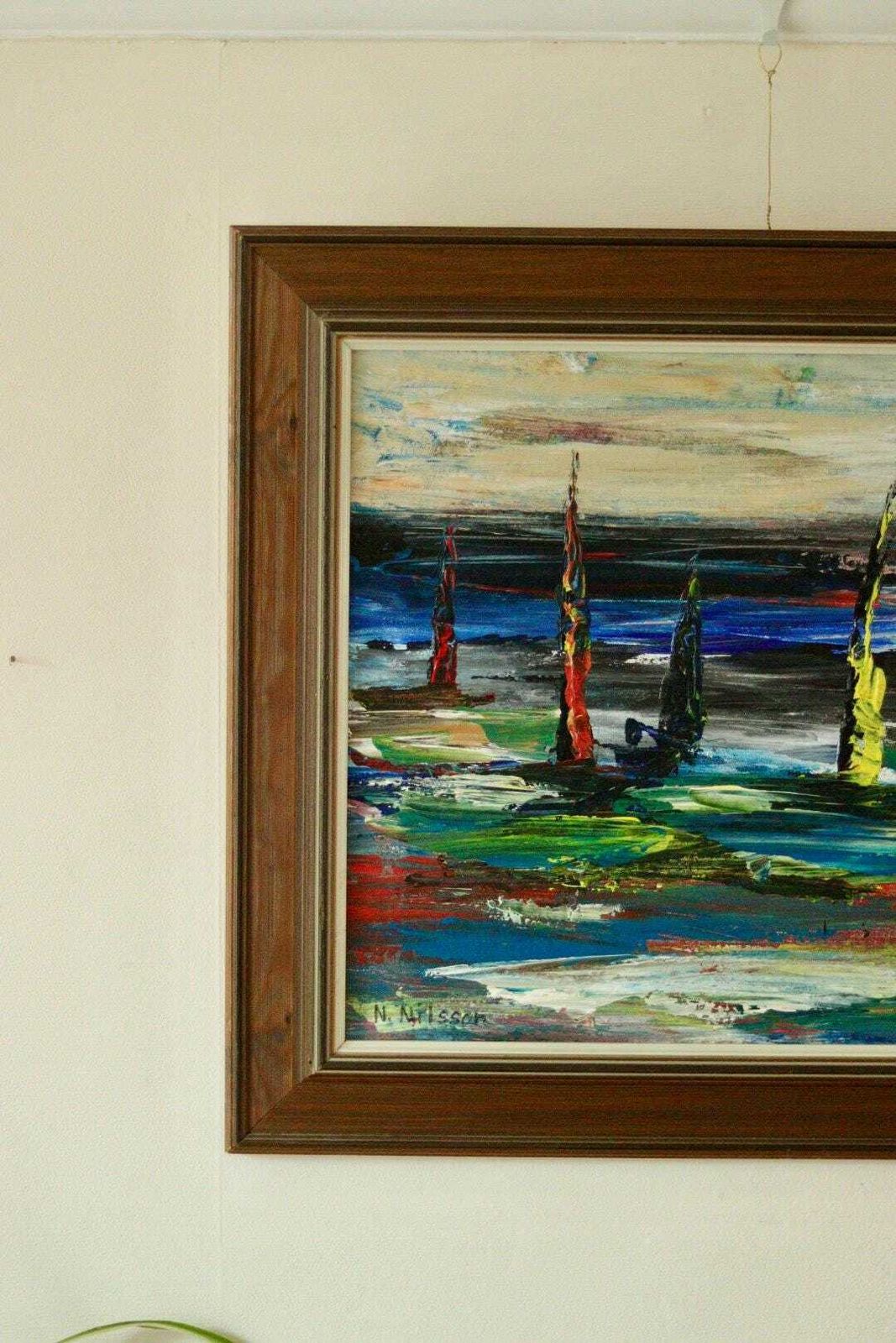 Original Mid Century Swedish Oil On Canvas Painting "östersund" By Nils Nilsson – Vintage & Framed | 58 × 49 Cm / 22.8 × 19.3 In photo Art