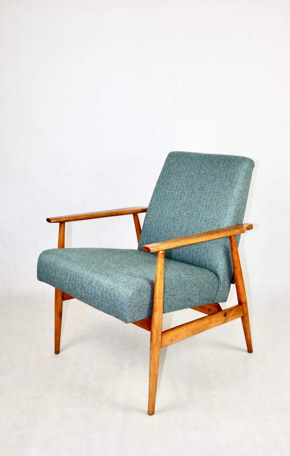 Armchair "Lis", 70s Turquoise Tweed Design Henryk Lis   Natural Beech Wood