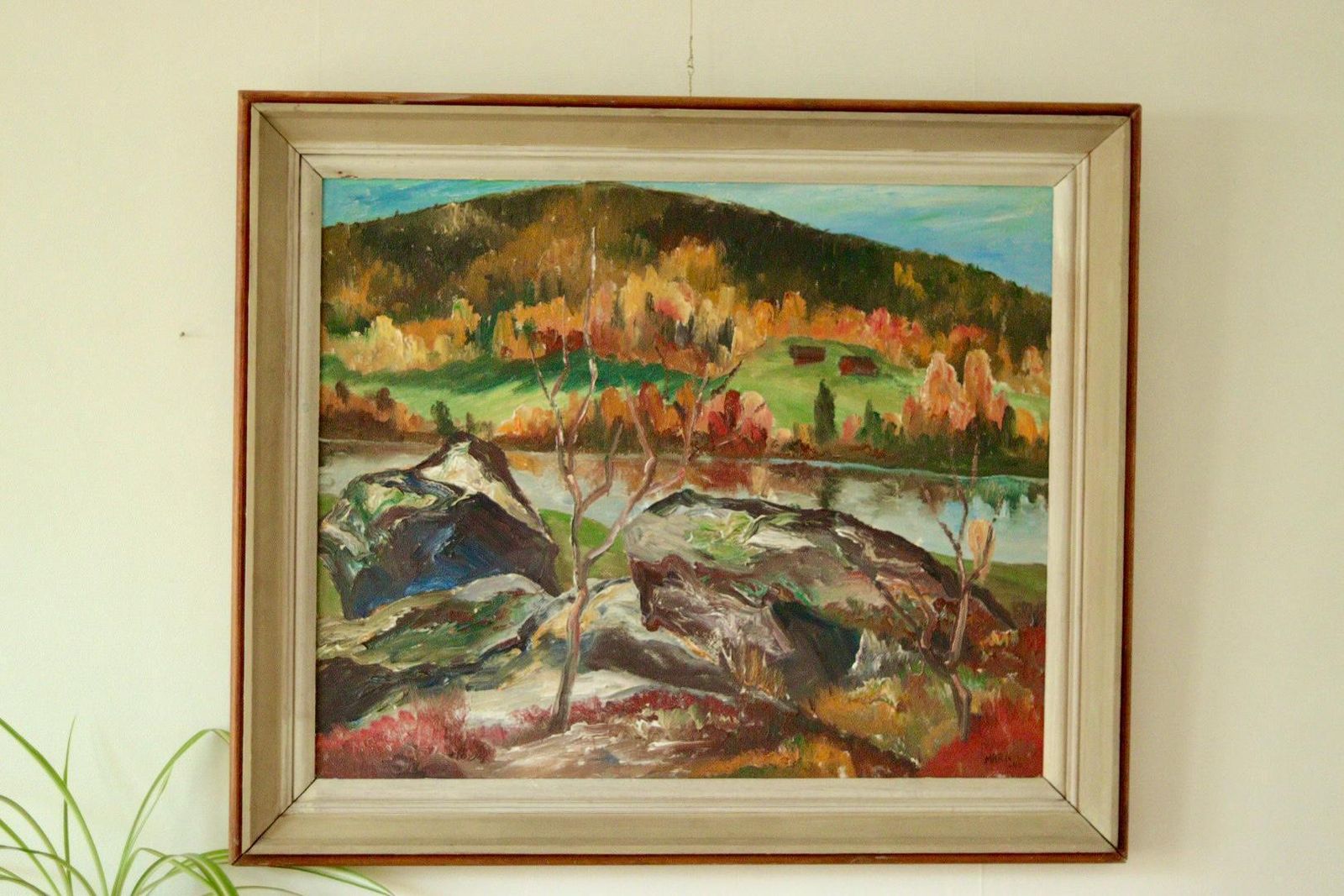 Original Mid Century Swedish Oil On Canvas Painting "Autumn Day Järvsö" – Vintage & Framed | 73 × 62 Cm / 28.7 × 24.4 I photo vintage