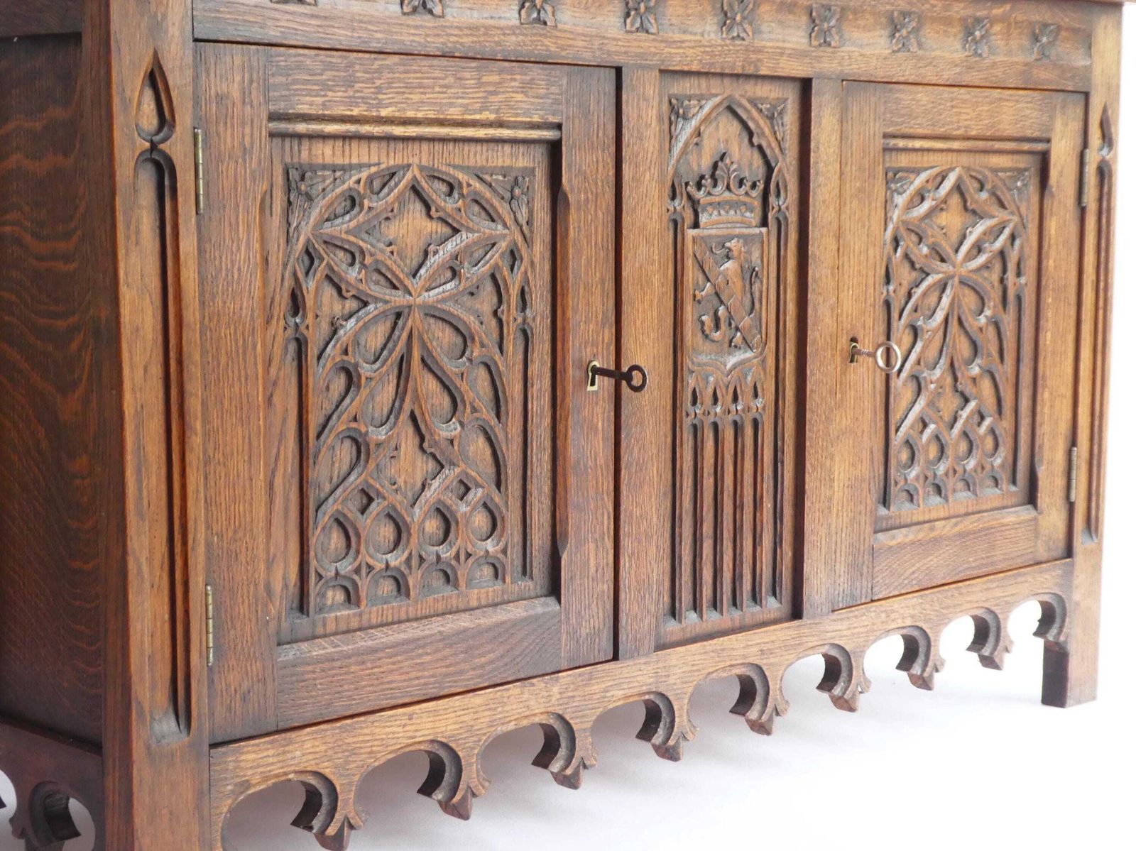 Antique Gothic Wooden Credenza, Hand Carved Cabinet With Doors And Lock, 19th Century Medieval Cupboard With Lion And Church Window Panels photo 1667.0