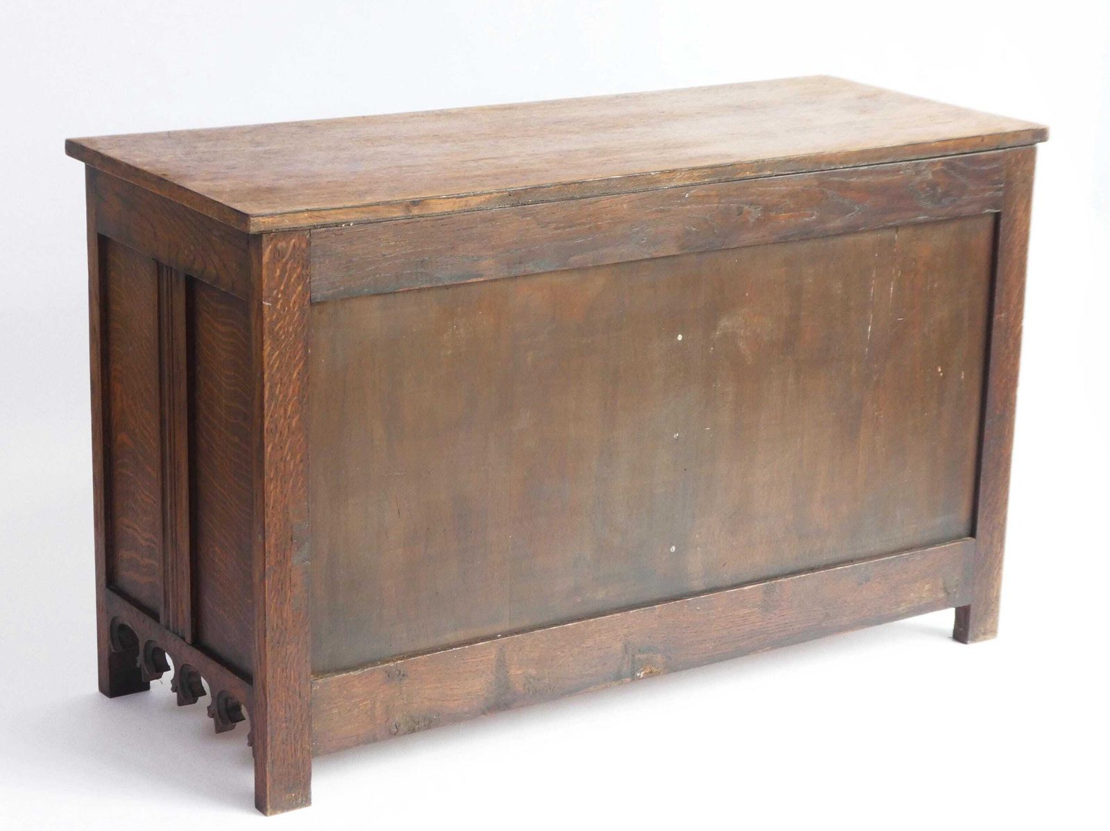 photo furniture Antique Gothic Wooden Credenza, Hand Carved Cabinet With Doors And Lock, 19th Century Medieval Cupboard With Lion And Church Window Panels