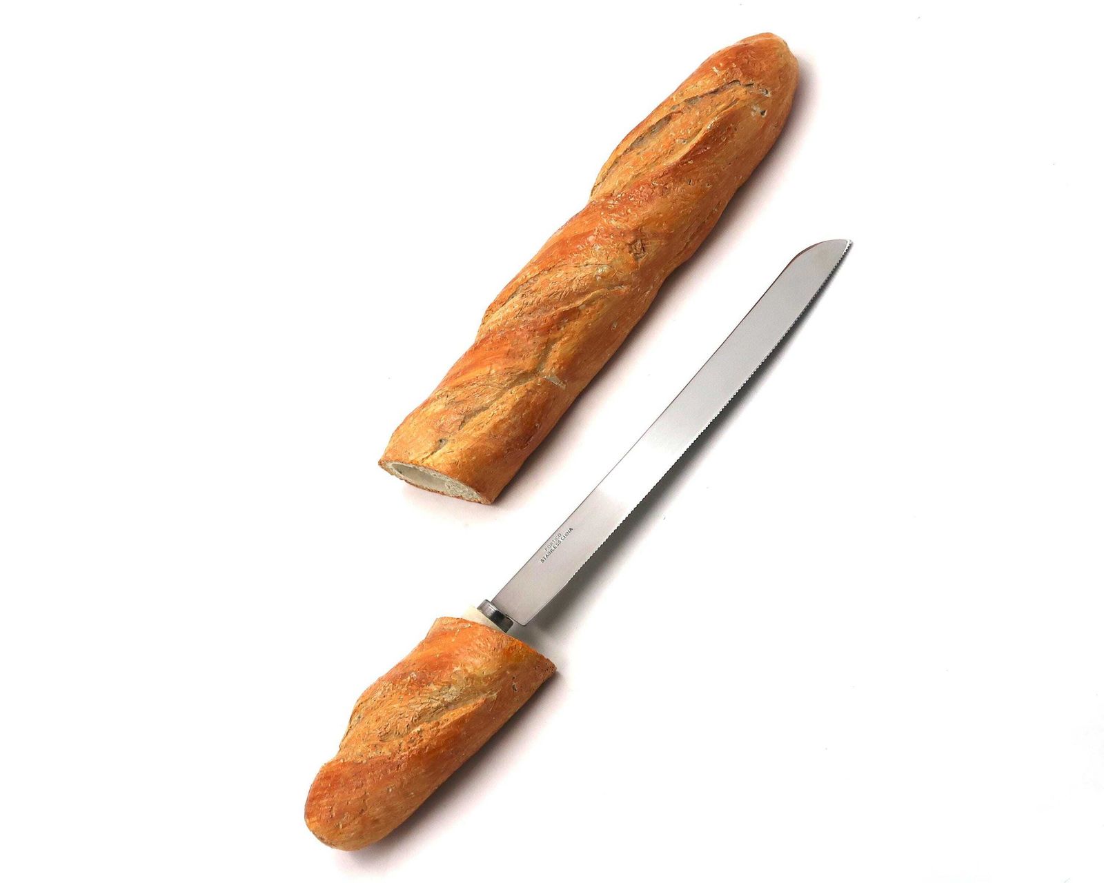 French Bread Knife " Baguette " Wood And Stainless Steel By Portico, Trompe L'oeil, Vintage / Petit Dejeuner, Brunch, Boulangerie