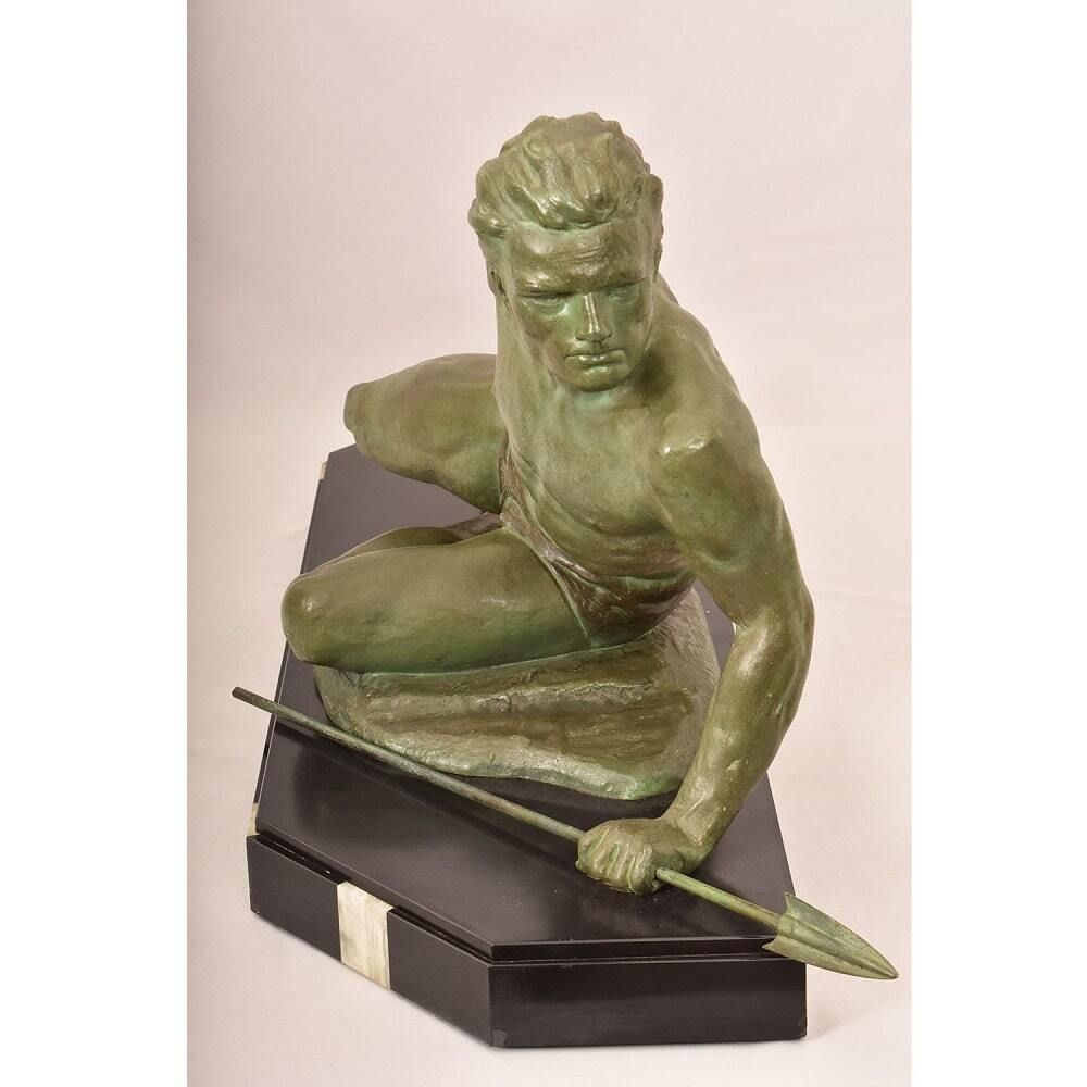Antique Antimony Statues, Jean De Roncourt, Art Déco, Warrior With Spear.2700 photo furniture