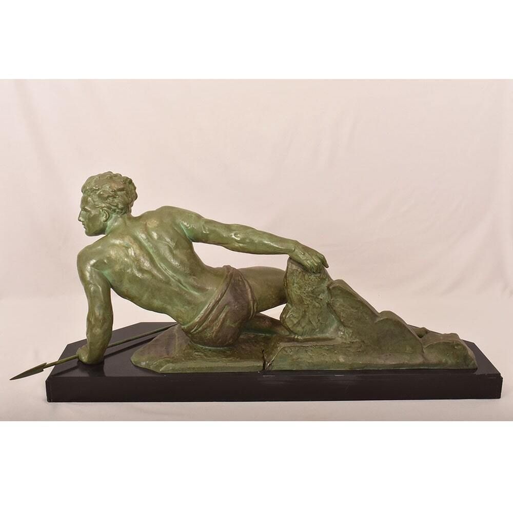 Antique Antimony Statues, Jean De Roncourt, Art Déco, Warrior With Spear.2700 photo vintage