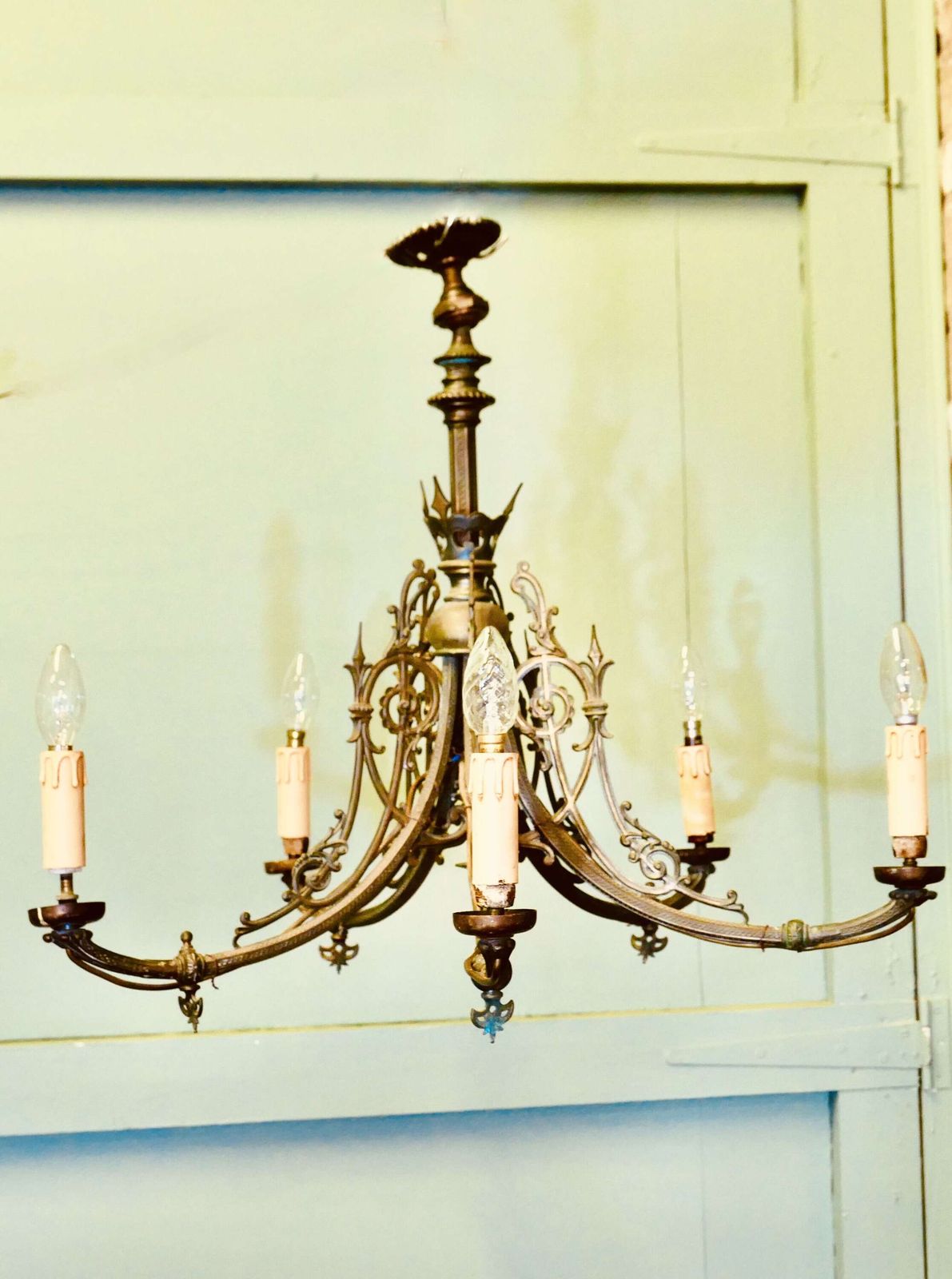 Gothic Gilded Brass 5 Branch Chandelier photo buy