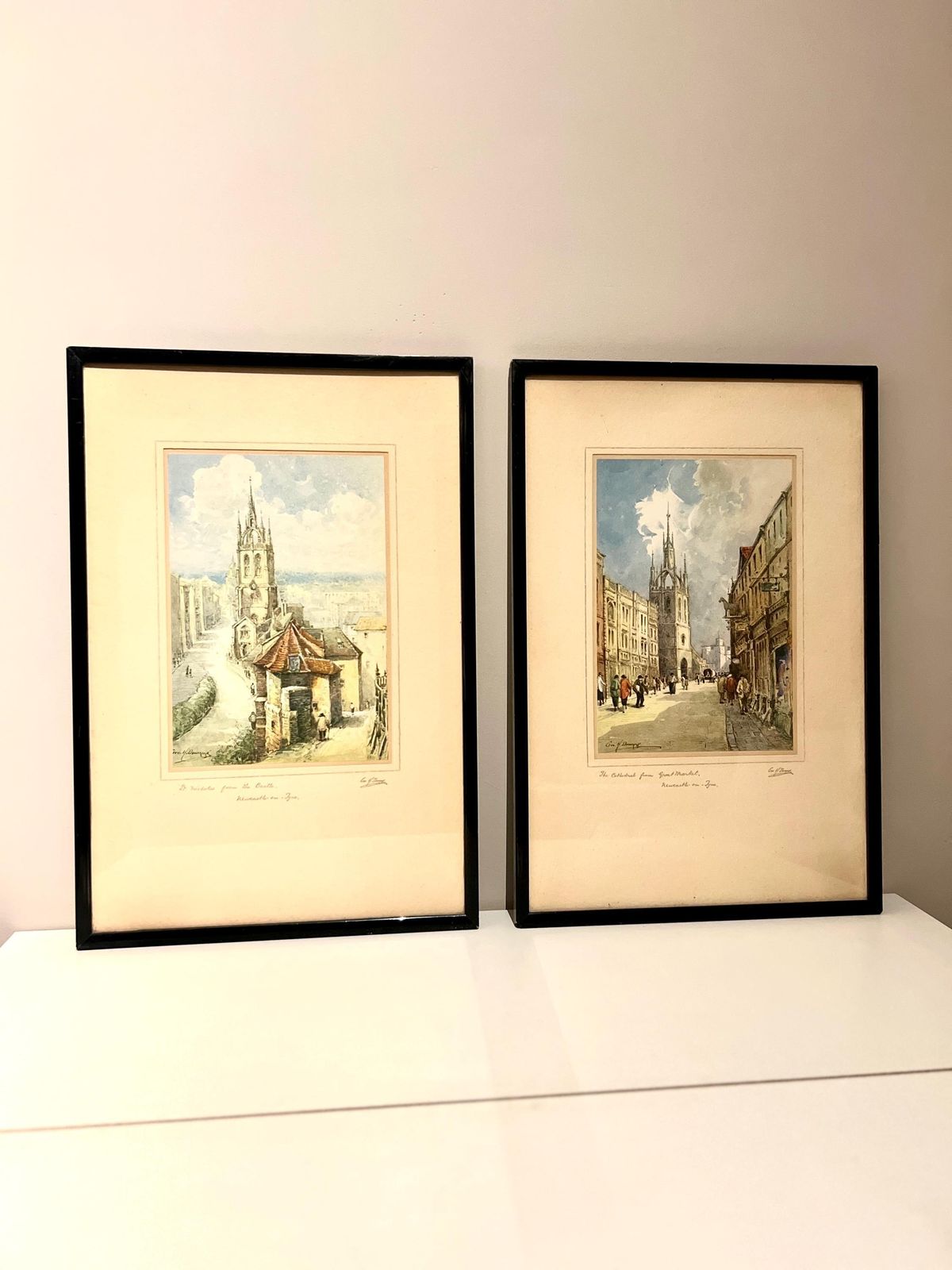 Charming Set Of Two Signed George Henry Downing Framed Prints Of Newcastle On Tyne