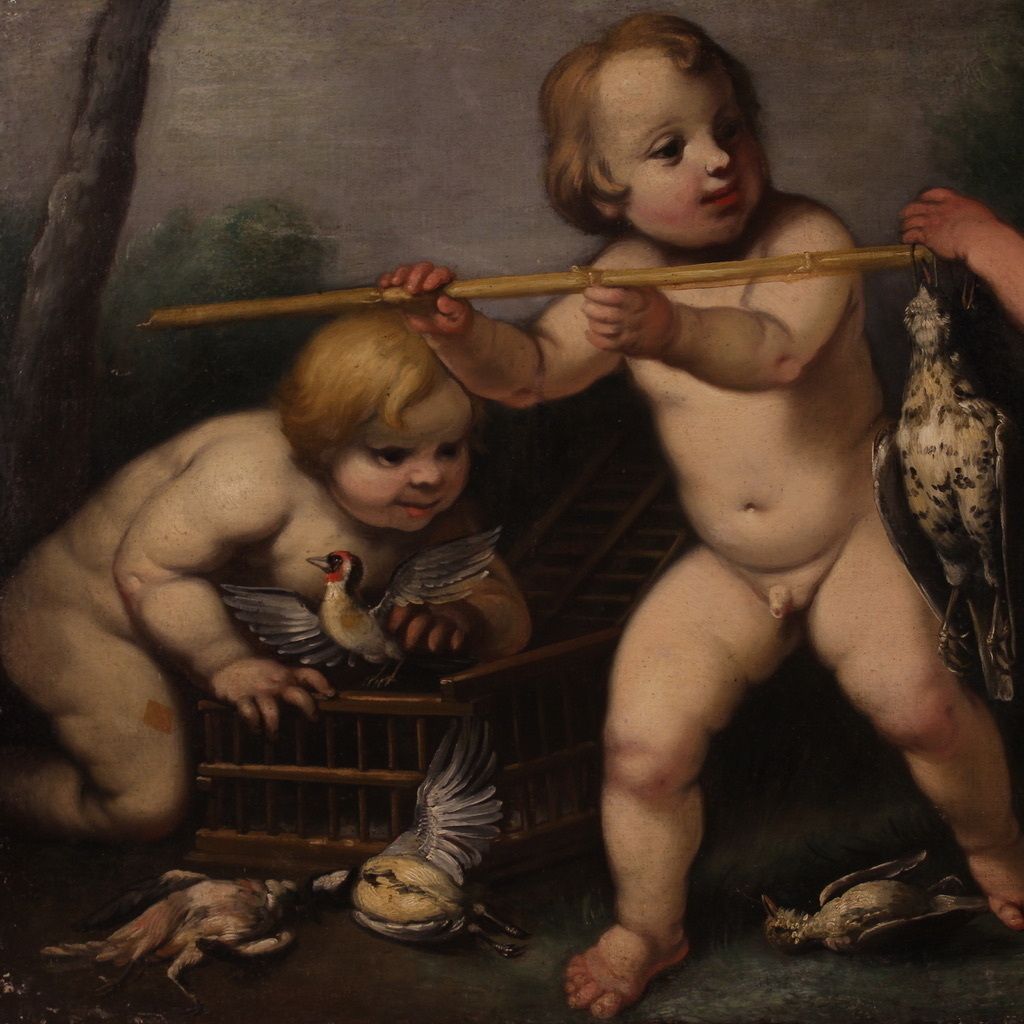 17th Century Rudolphine School Painting, Cherub Games photo vintage