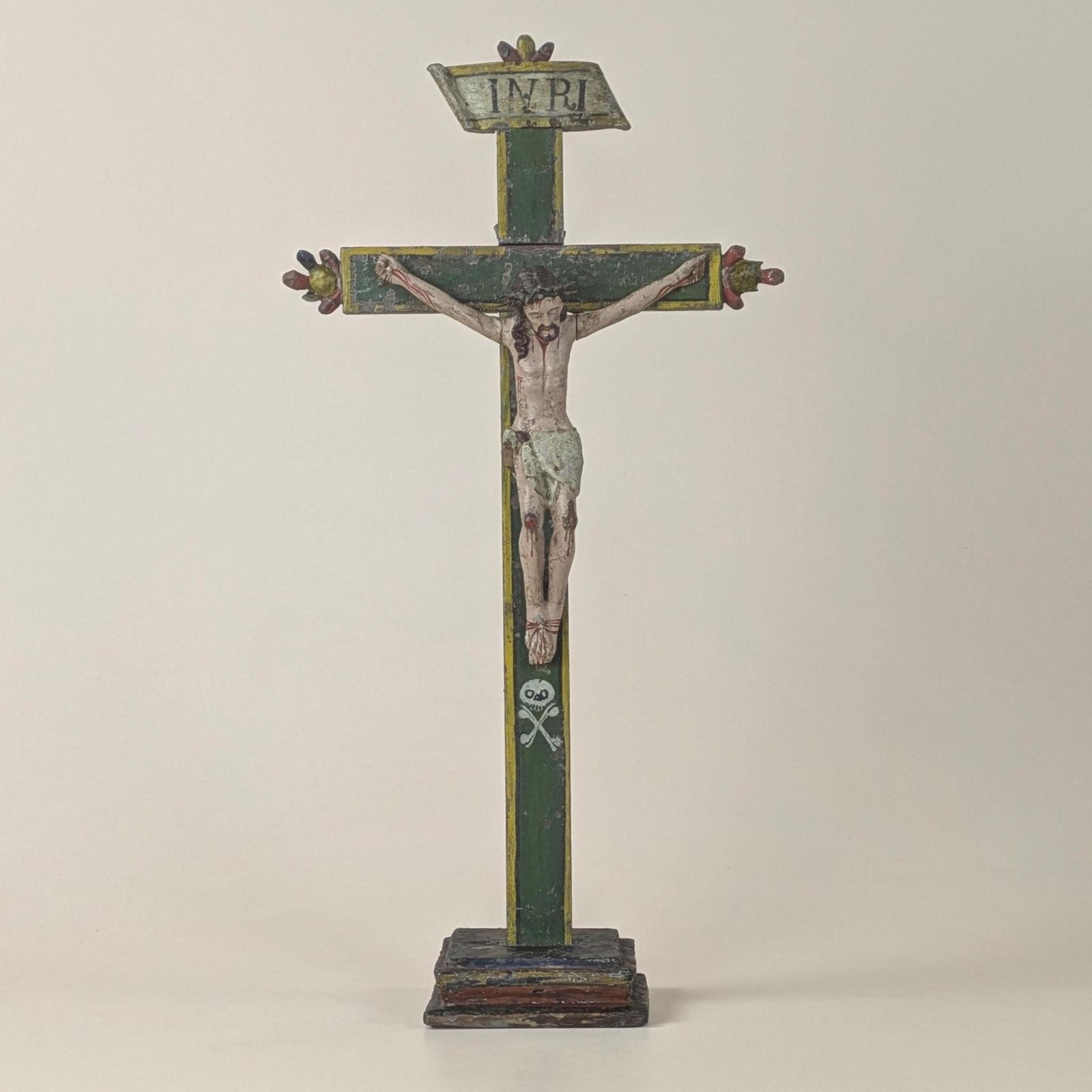 Antique 18th Century Hand Carved Polychrome Wood Christ Crucifix Skull Crossbones Folk Art Religious Sculpture Spanish Religious Decor
