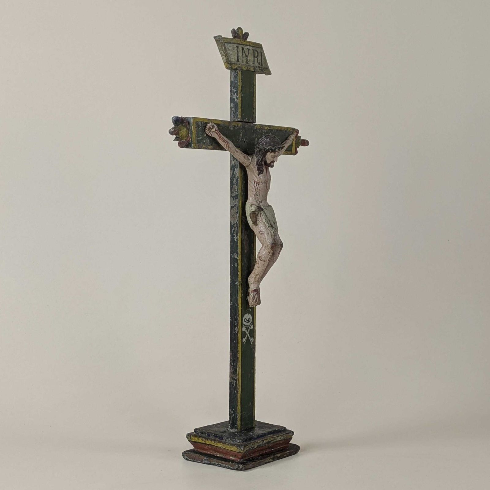 Antique 18th Century Hand Carved Polychrome Wood Christ Crucifix Skull Crossbones Folk Art Religious Sculpture Spanish Religious Decor photo for sale