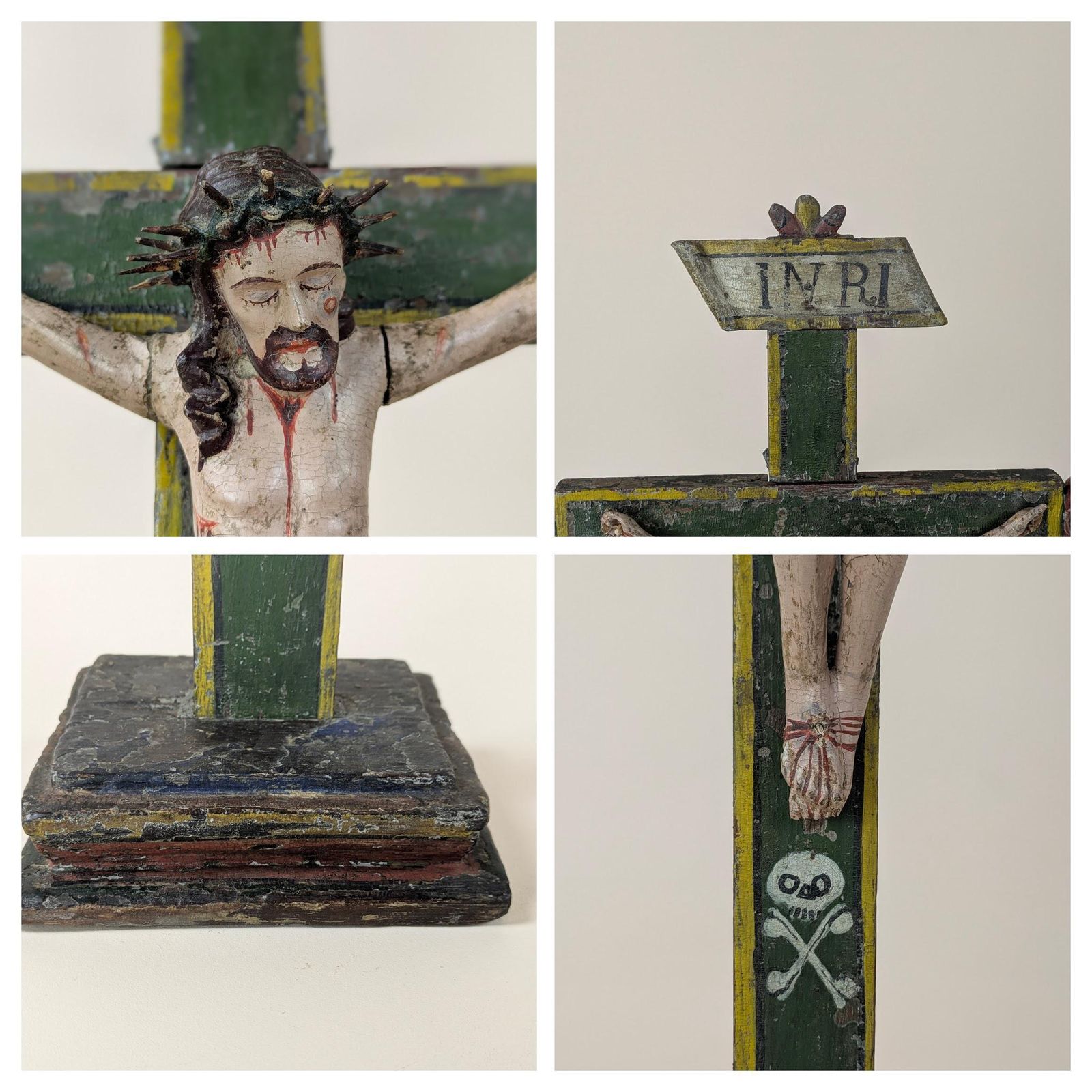 Antique 18th Century Hand Carved Polychrome Wood Christ Crucifix Skull Crossbones Folk Art Religious Sculpture Spanish Religious Decor photo Home Decor