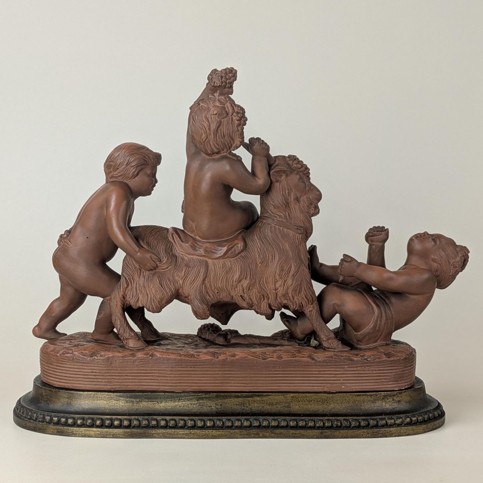French Terracotta Putti And Goat Sculpture Signed By Toinel Large Clay Cherub And Goat Sculpture Statue, Art Decor From France photo vinterior