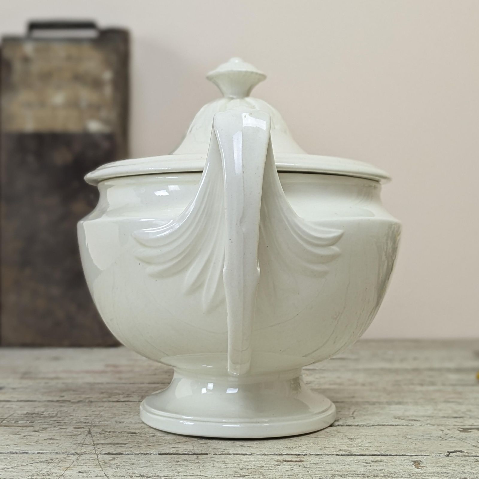 Antique French White Ironstone Tureen Elegant Neoclassical Design 19th Century Serving Dish Grand Farmhouse Decor Wabi Sabi photo furniture