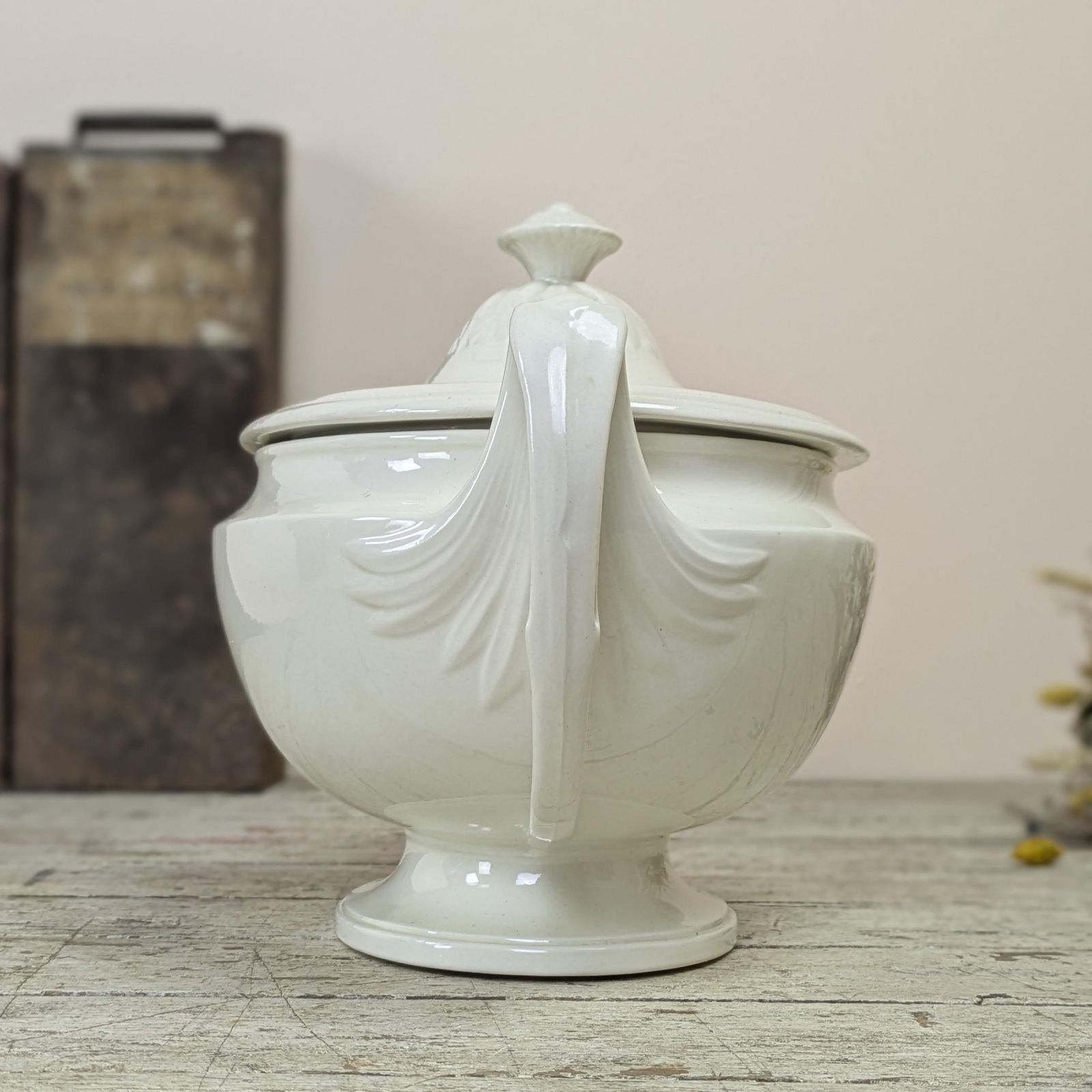 Antique French White Ironstone Tureen Elegant Neoclassical Design 19th Century Serving Dish Grand Farmhouse Decor Wabi Sabi photo vinterior