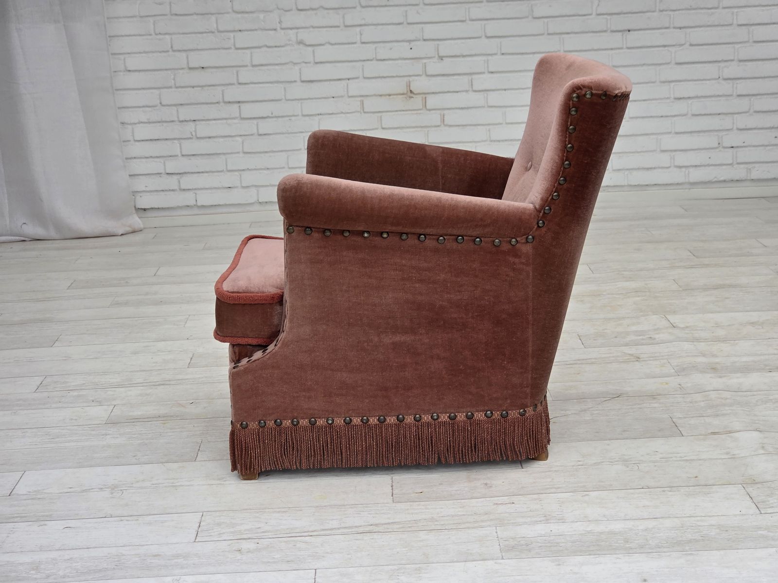 photo for sale 1970s, Danish Armchair, Salmon Pink Furniture Velour, Beech Wood.