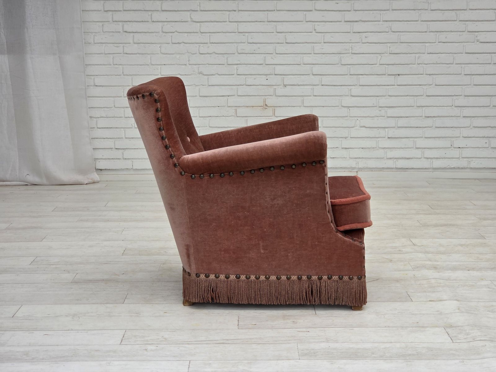 photo buy 1970s, Danish Armchair, Salmon Pink Furniture Velour, Beech Wood.