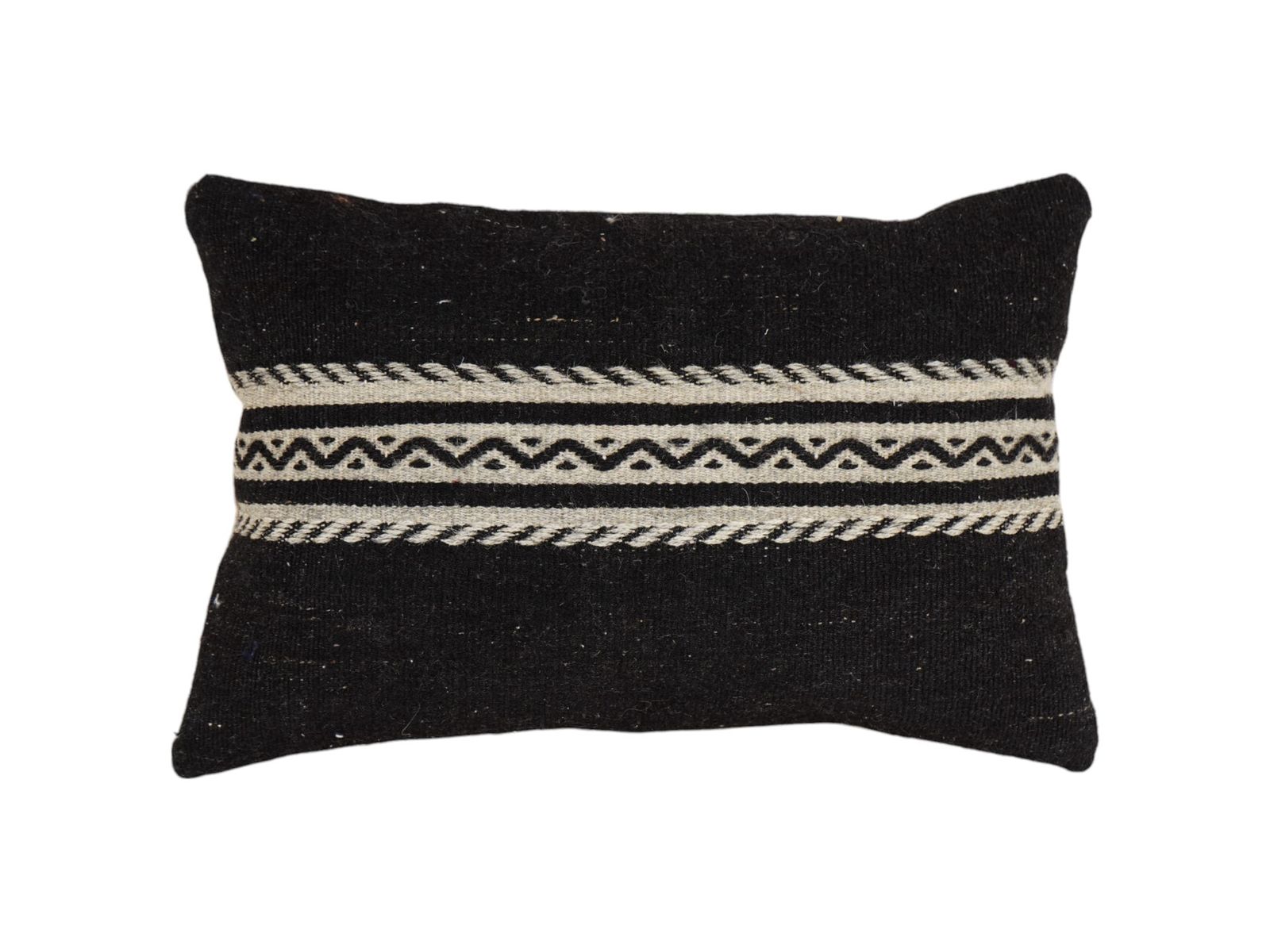 Black Turkish Kilim Pillow Cover – Handwoven Wool Cushion With Tribal Stripes – Boho Rustic Decor In Neutral Tones