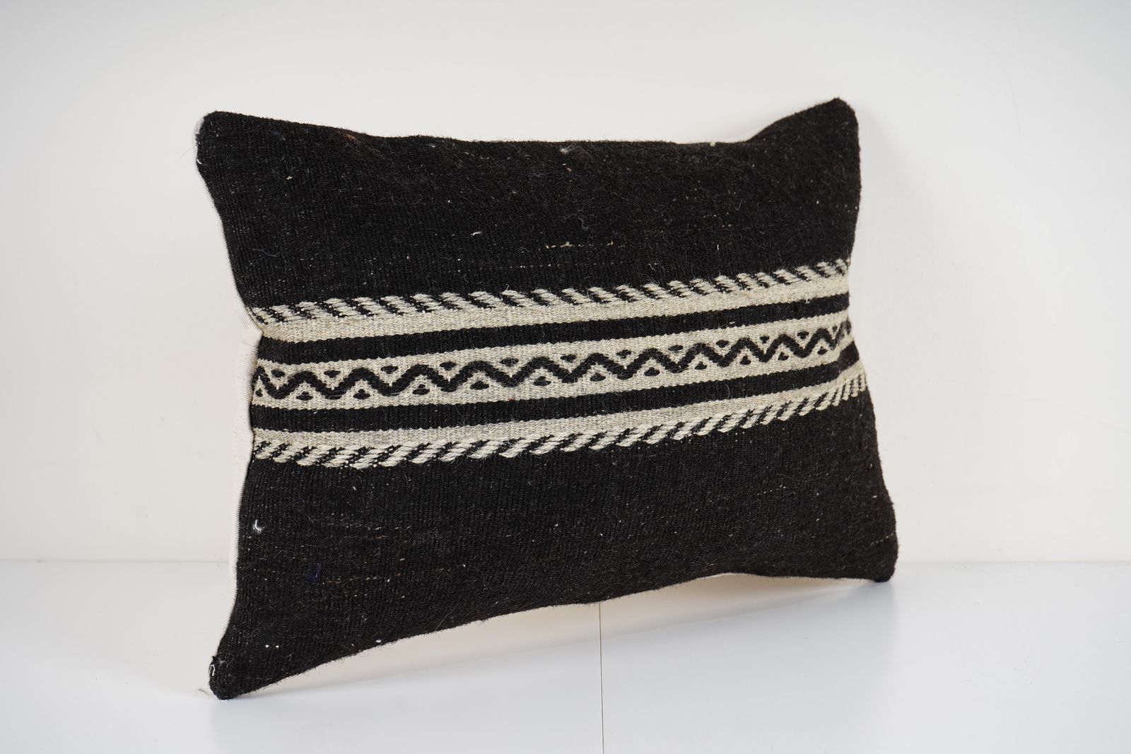 Black Turkish Kilim Pillow Cover – Handwoven Wool Cushion With Tribal Stripes – Boho Rustic Decor In Neutral Tones photo for sale