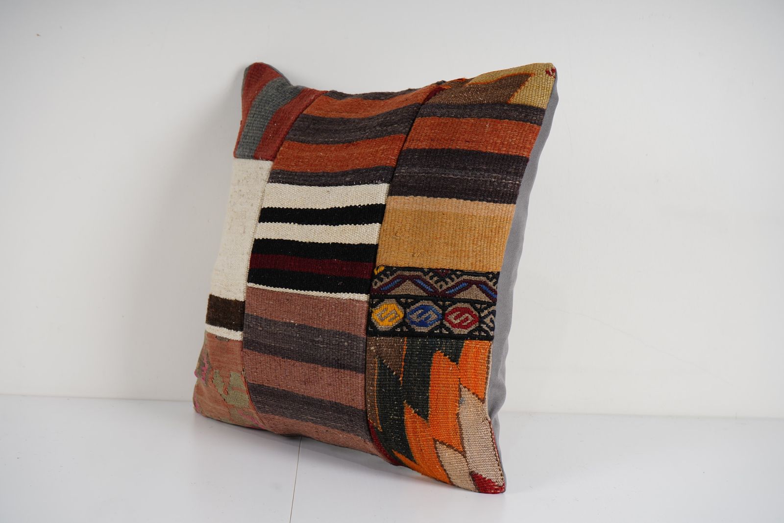 Vintage Turkish Handmade Large Patchwork Cushion, Set Of Two Flat Weave Kilim Rug Fregment Pillow, Pair Boho Home Decor photo Textiles