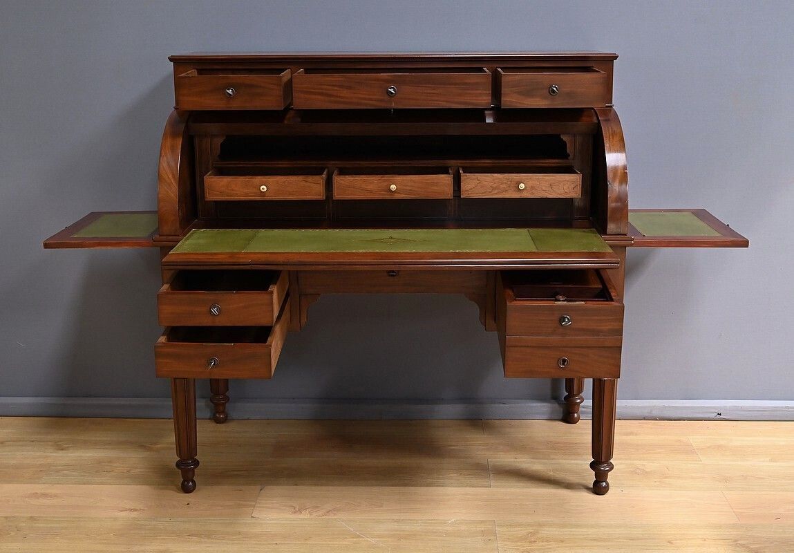 Mahogany Cylinder Desk, Restoration Period – Part 1 Of The 19th Century photo for sale
