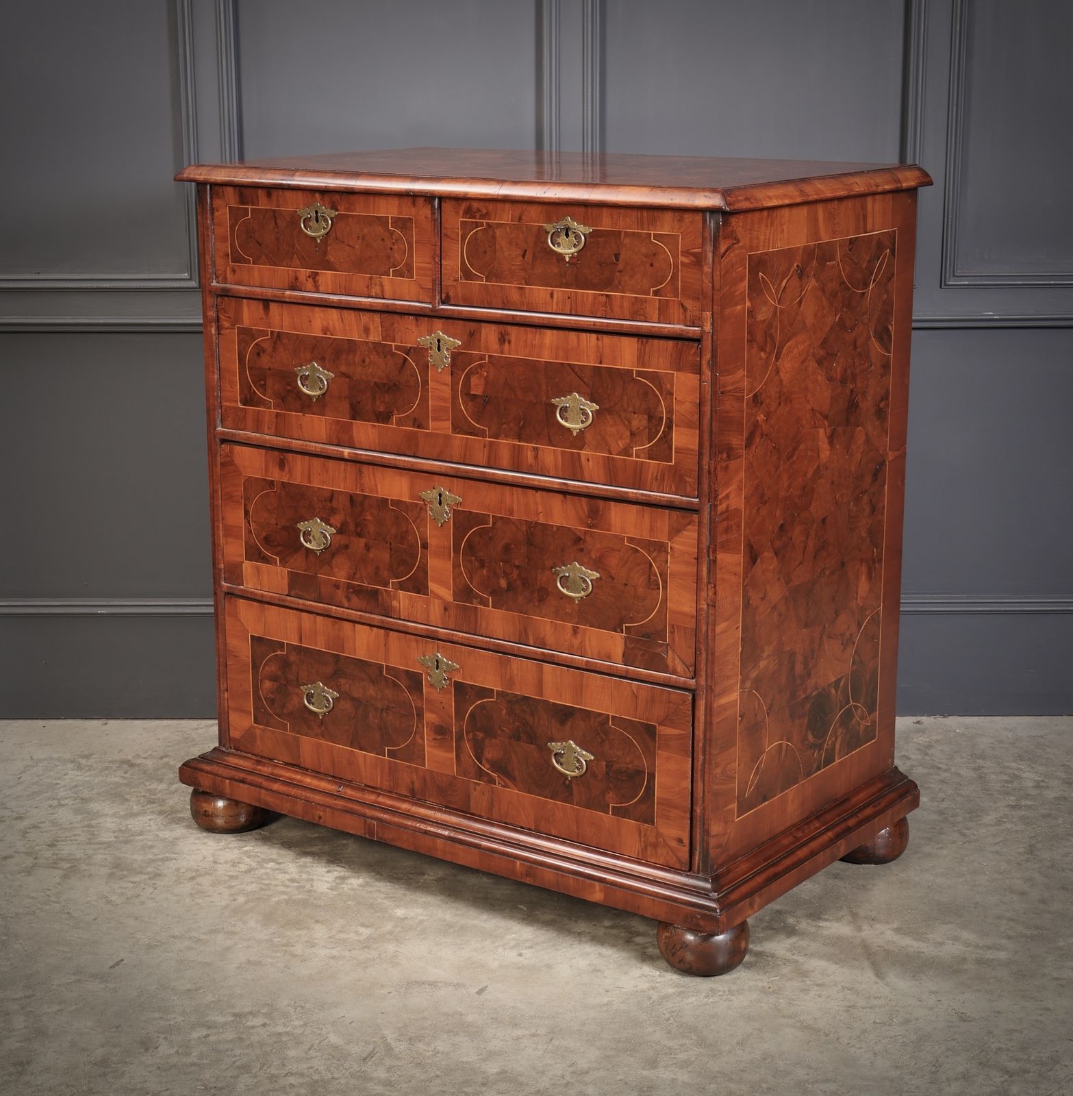 William & Mary Oyster Veneered Chest Of Drawers photo vintage