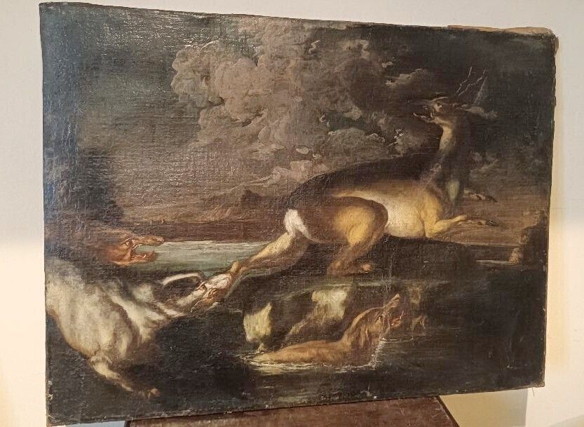 Hunting Scene   Antique Painting From The 17th Century Flemish School photo furniture