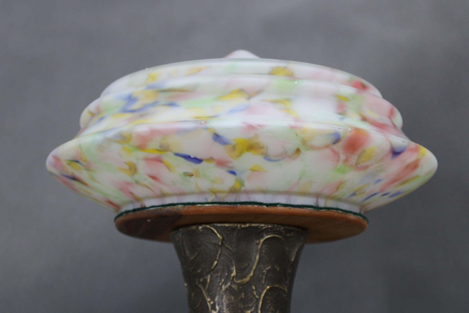 1940s Restored Brass Table Lamp With Wooden Base And Glass Shade photo 689.0