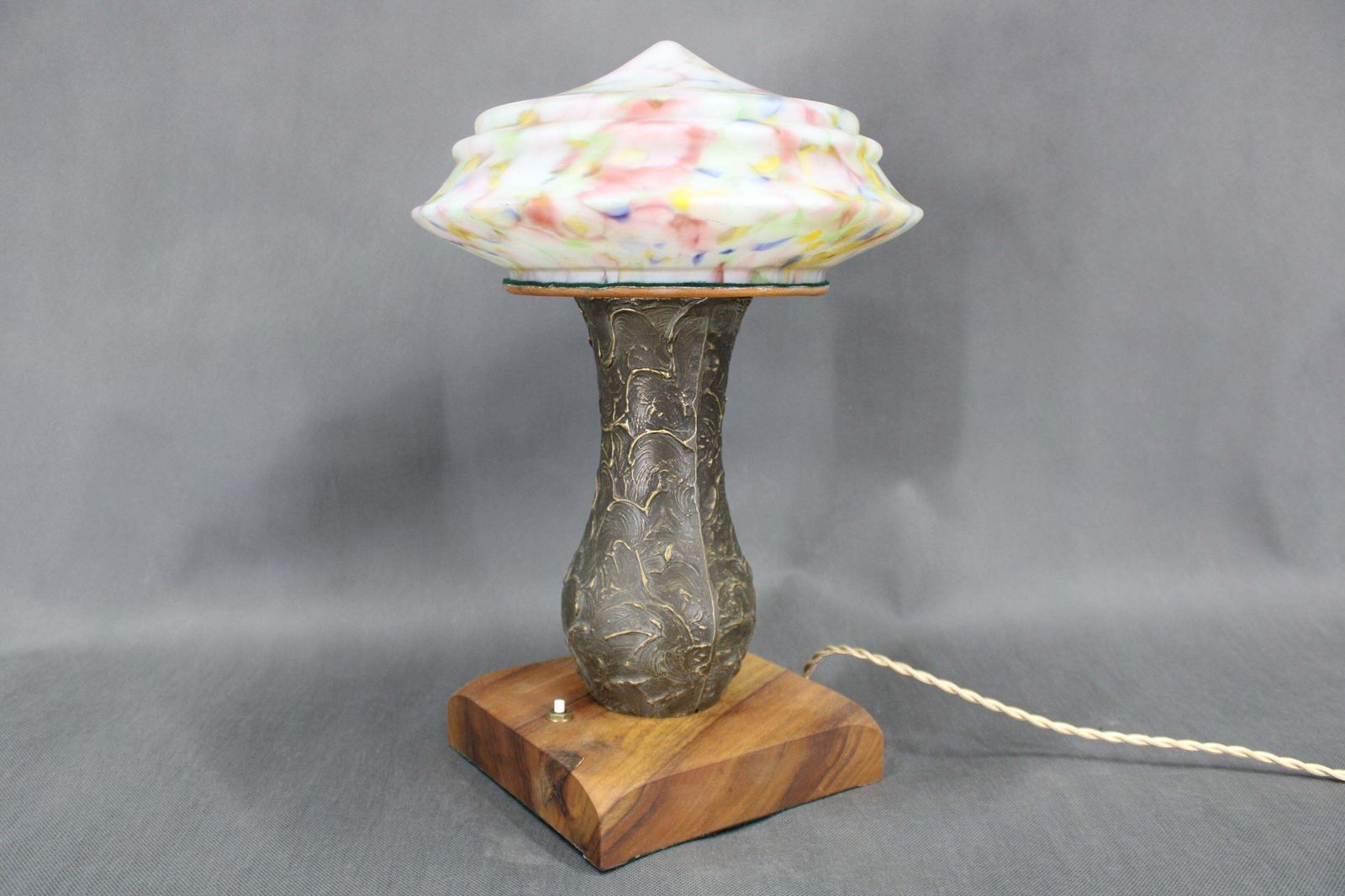 1940s Restored Brass Table Lamp With Wooden Base And Glass Shade photo buy