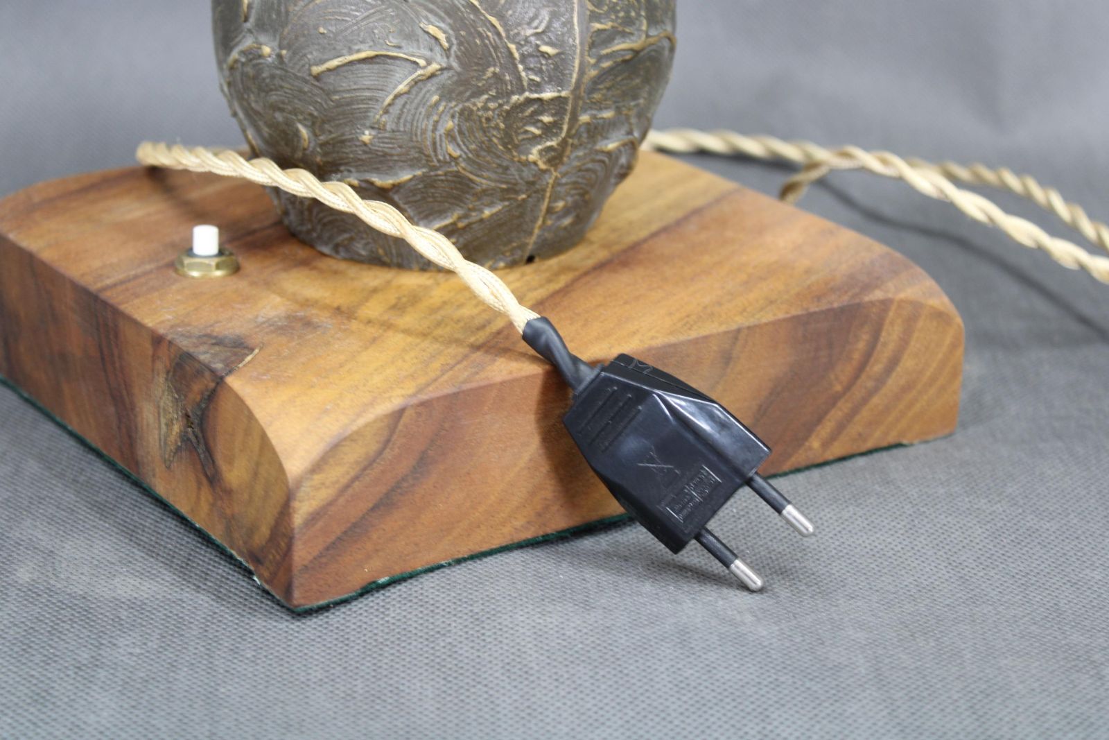 photo for sale 1940s Restored Brass Table Lamp With Wooden Base And Glass Shade