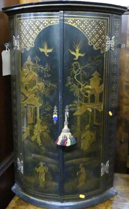 George III Chinoiserie Lacquered And Gilt Decorated Bowfront Hanging Corner Cupboard photo furniture