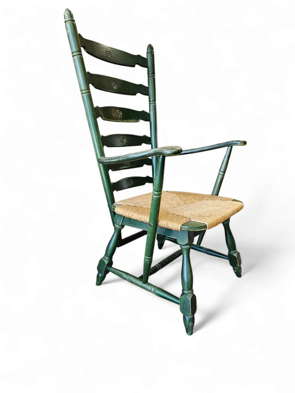 photo buy Vintage Transparent Green Wooden Arm Chair / Rush Seat / High Back Ladder Chair