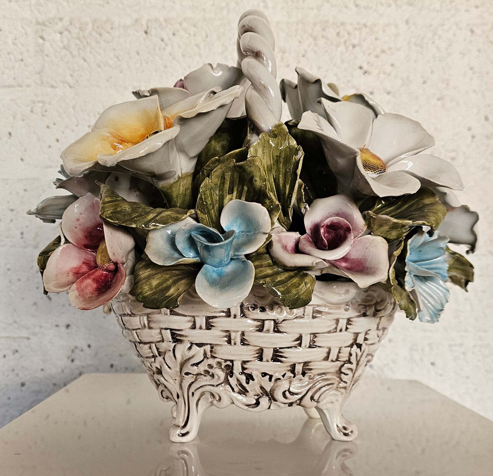 Bassano Ceramics Basket With Flowers, Italy 1950s photo buy