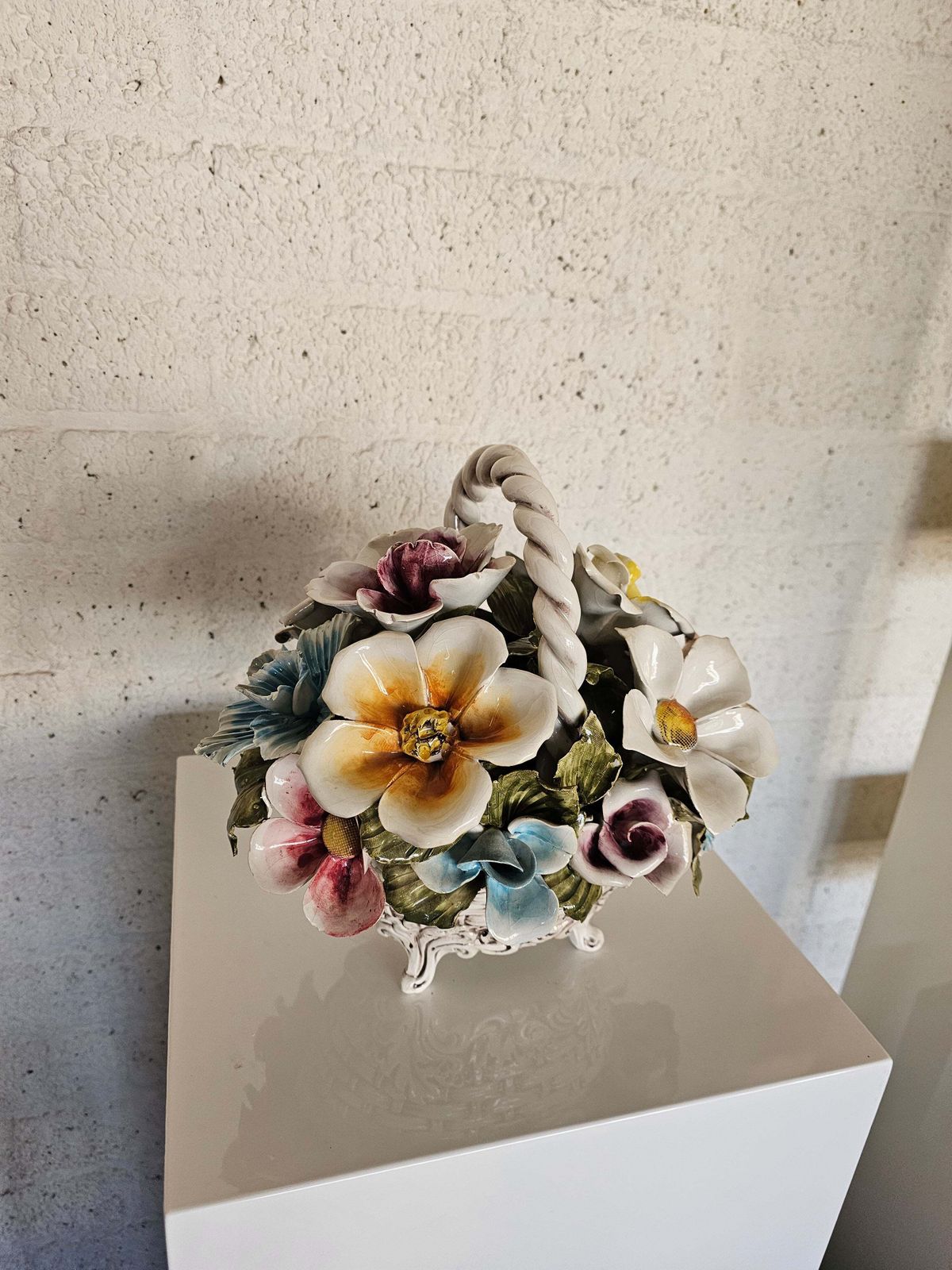 photo buy Bassano Ceramics Basket With Flowers, Italy 1950s