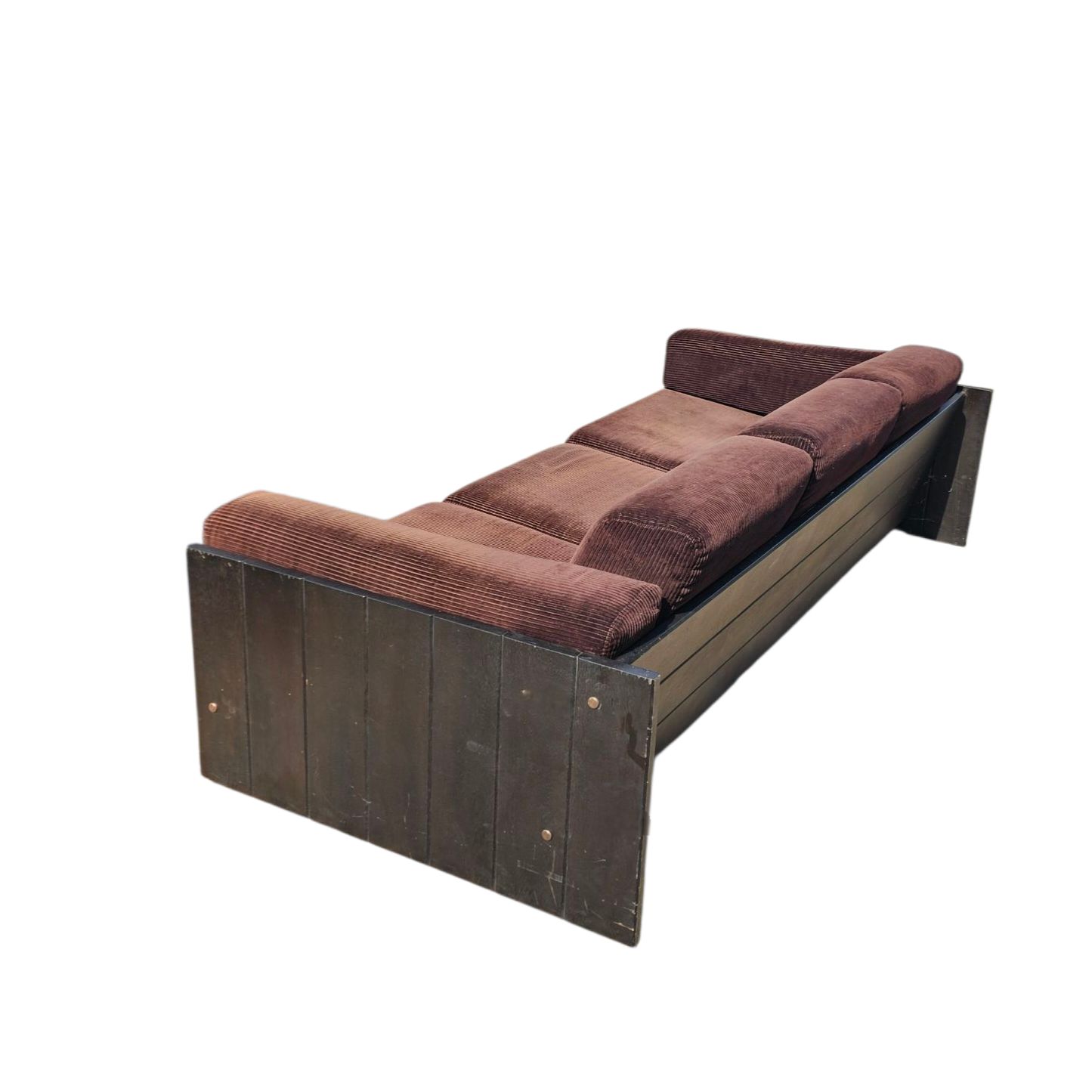 Three / Seater Sofa With A Sturdy Wooden Frame / Cushions In Dark Brown Corduroy / Industrial Look / 1970s photo furniture